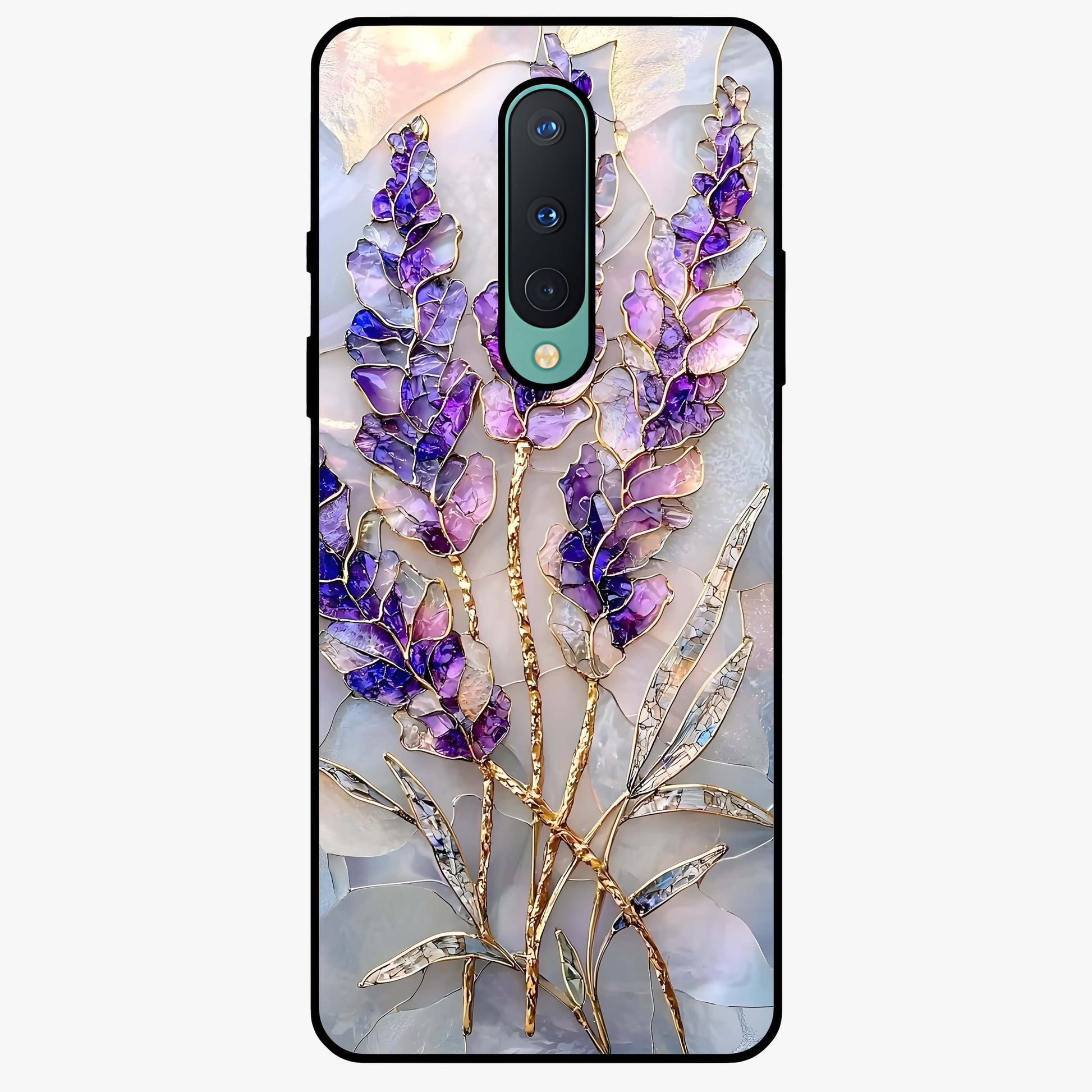 Lavender Dream Glow Glass Case showing flat back view with glowing lavender aesthetic artwork and glossy glass finish.