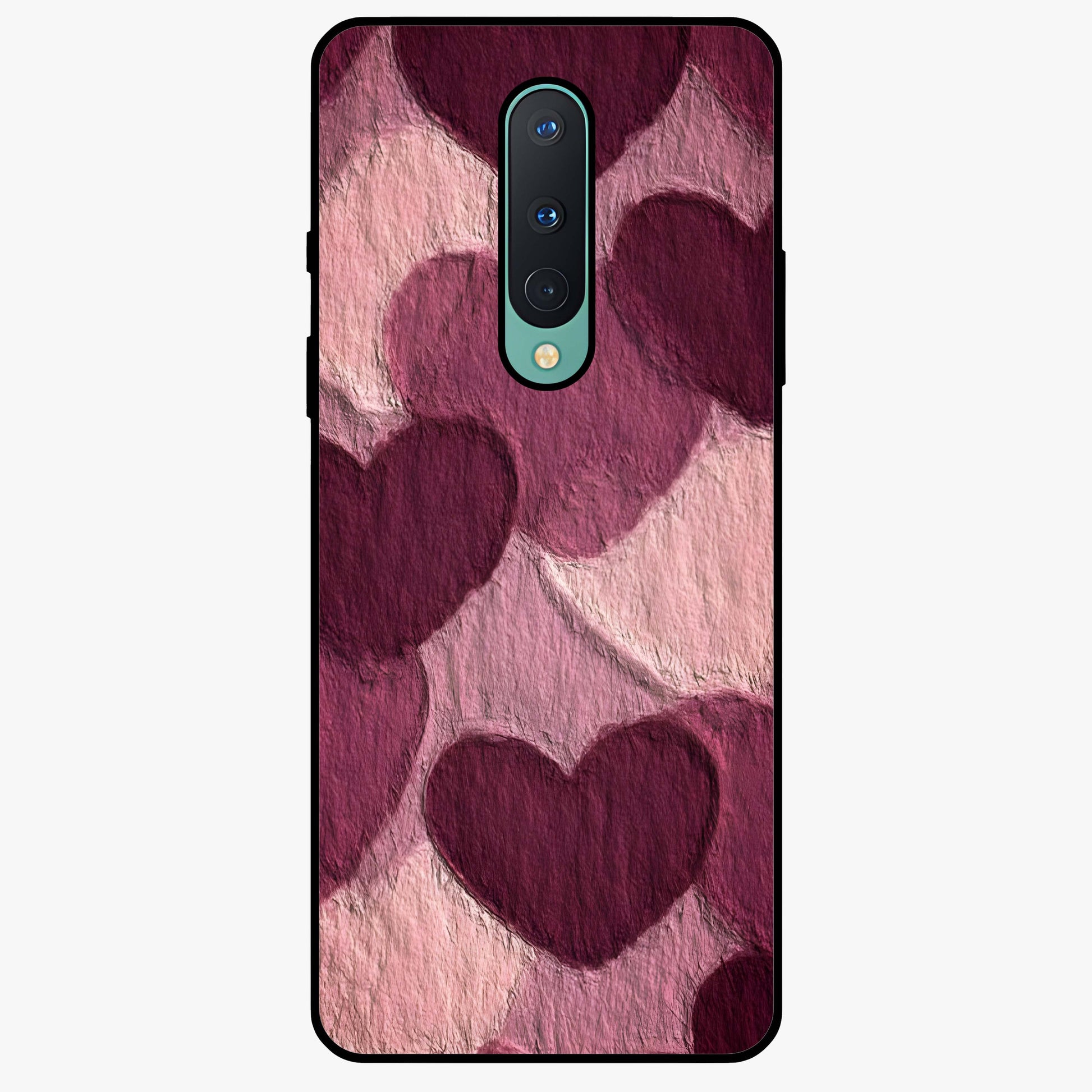 Layered Paper Hearts Glass Case showing flat back view with layered paper heart artwork and glossy glass finish.