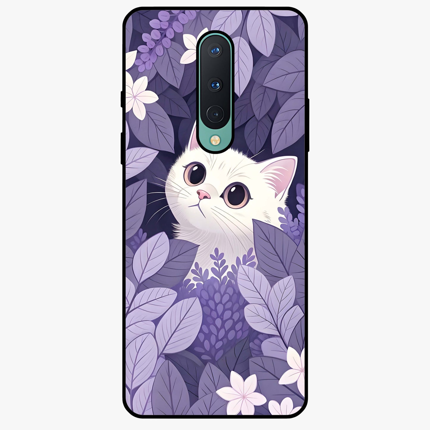 Lilac Hide Peek Cat Glass Case showing flat back view with cute peeking cat artwork and glossy glass finish.