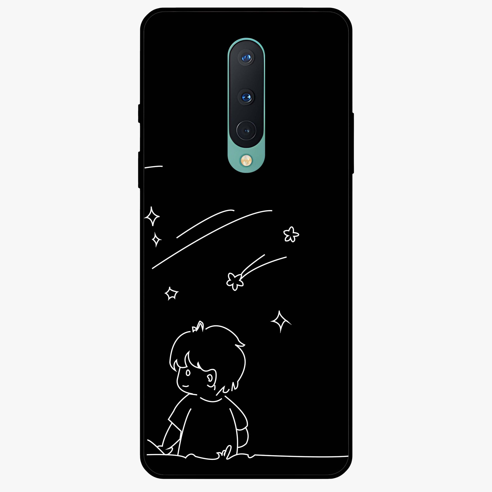 Line Art Boy With Shooting Stars Glass Case showing flat back view with minimal line art boy and shooting stars illustration and glossy glass finish.