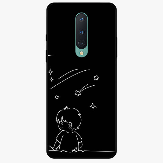 Line Art Boy With Shooting Stars Glass Case showing flat back view with minimal line art boy and shooting stars illustration and glossy glass finish.