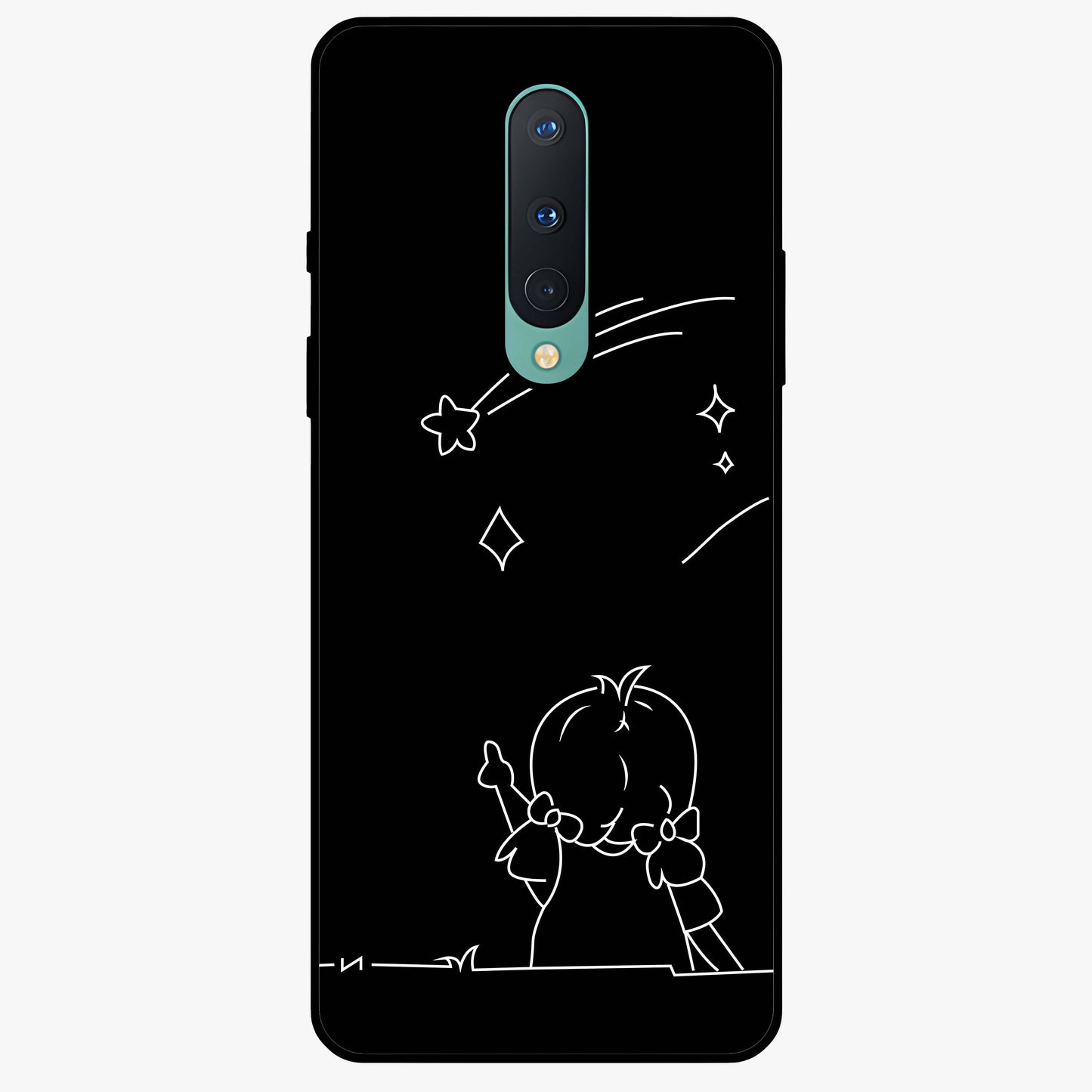 Line Art Girl With Shooting Stars Glass Case showing flat back view with minimal line art girl and shooting stars illustration and glossy glass finish.