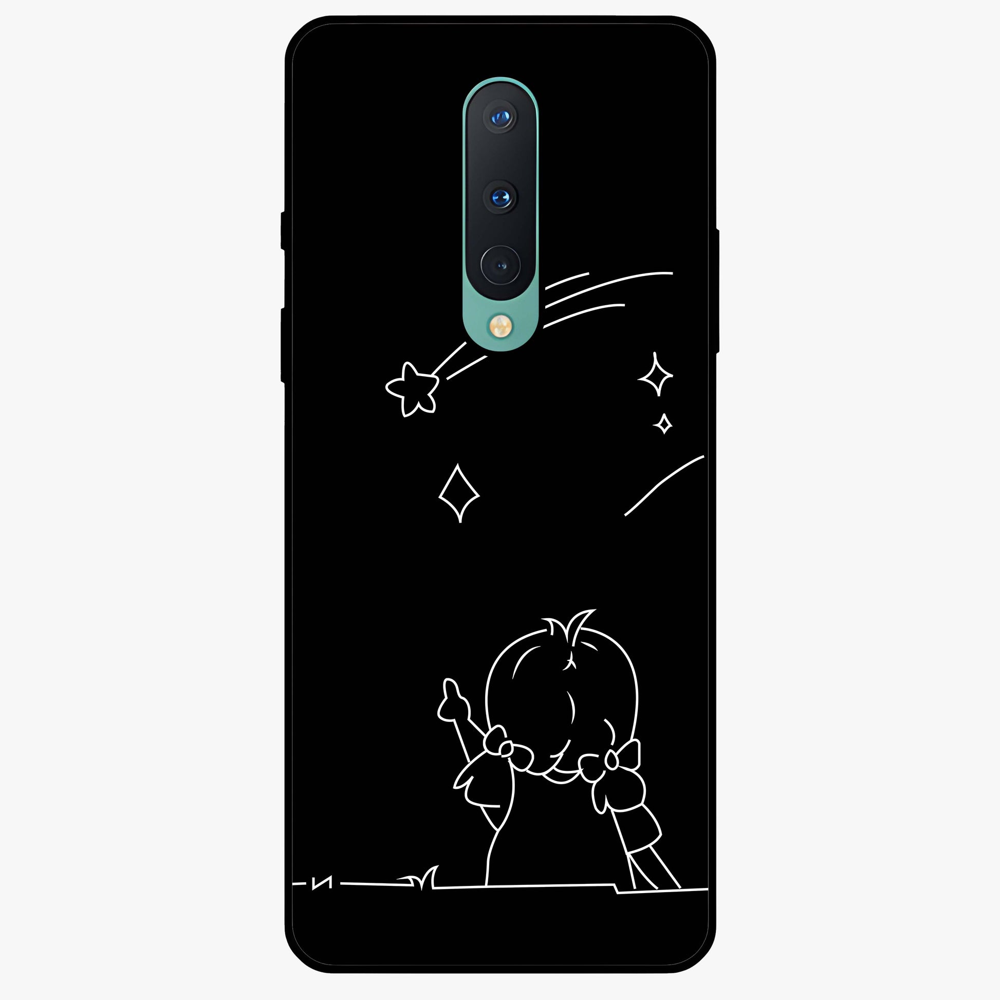 Line Art Girl With Shooting Stars Glass Case showing flat back view with minimal line art girl and shooting stars illustration and glossy glass finish.