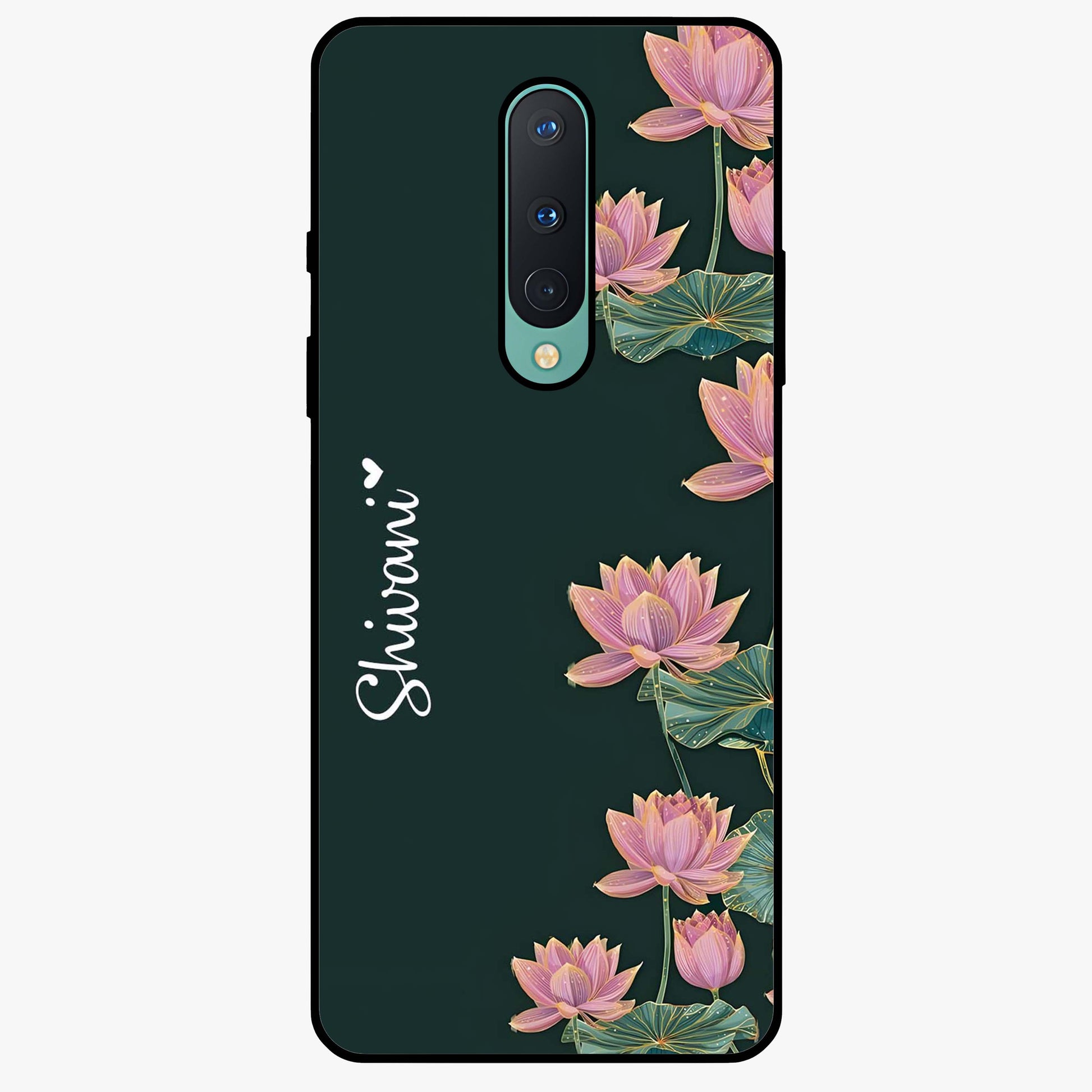 Lotus Bloom Serenity Custom Name Glass Case showing flat back view with elegant lotus flower artwork and personalized name design.