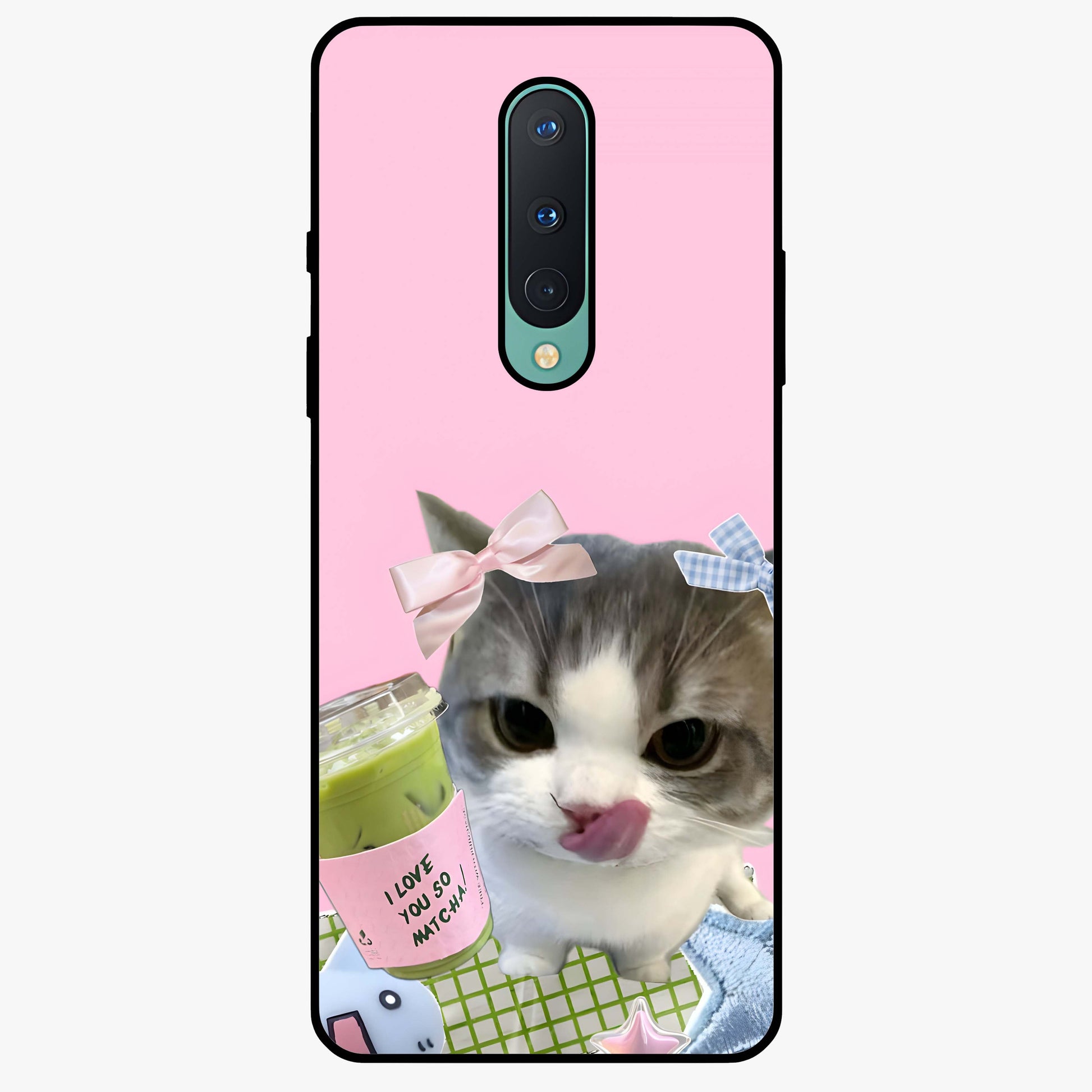 Love Matcha Cat Glass Case showing flat back view with cute cat and matcha themed artwork and glossy glass finish.