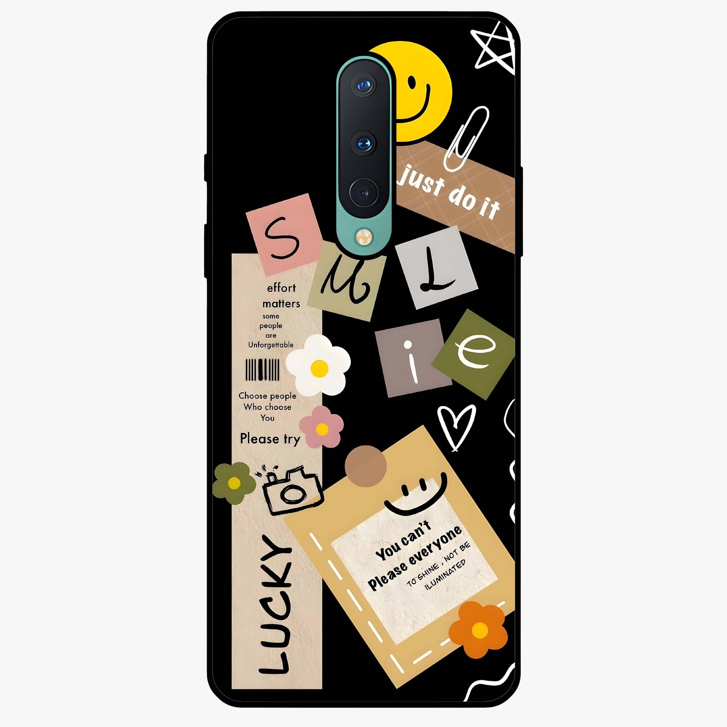 Lucky Aesthetic Collage Glass Case showing flat back view with trendy aesthetic collage artwork and glossy glass finish.