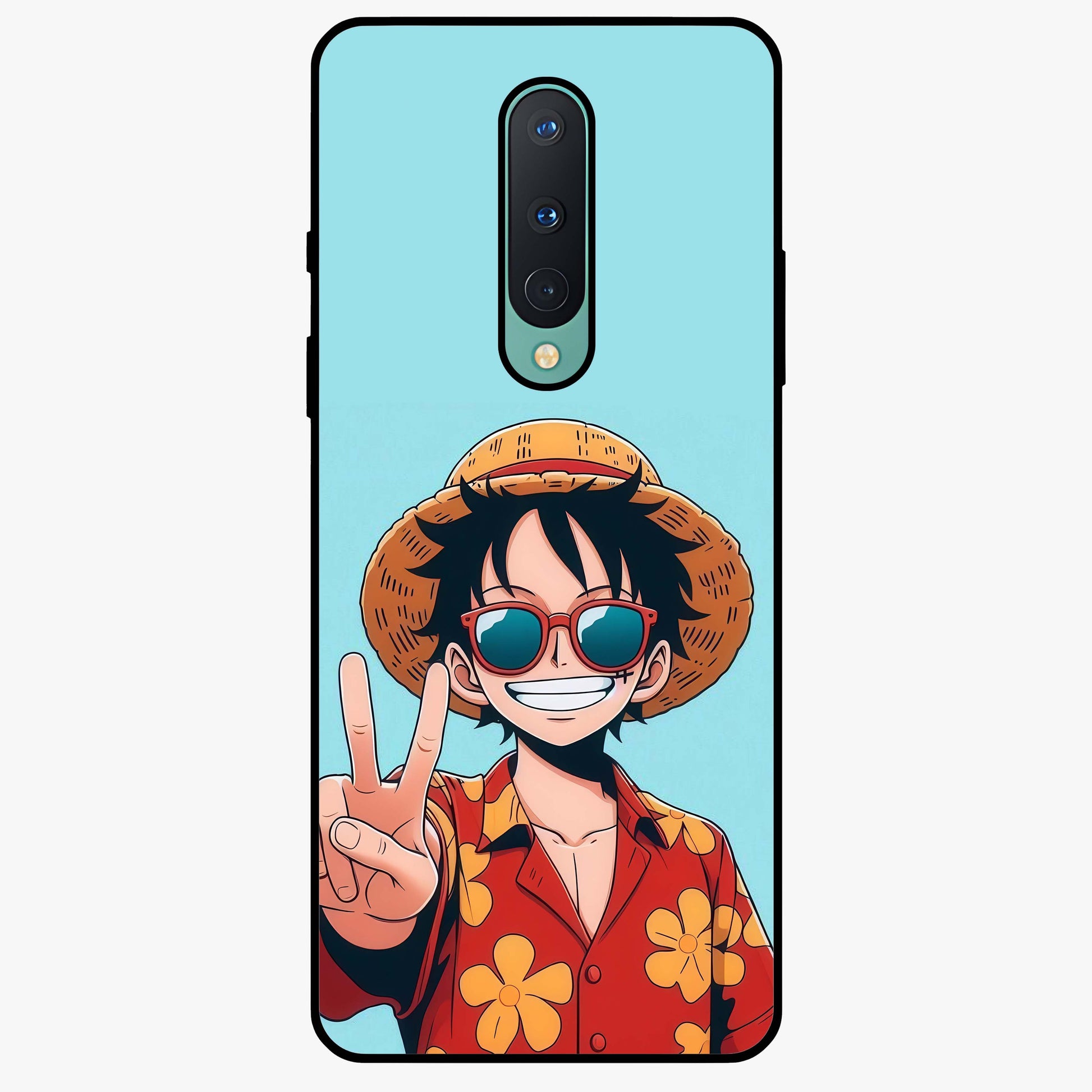 Luffy Summer Anime Vibe Glass Case showing flat back view with vibrant anime character artwork and glossy glass finish.