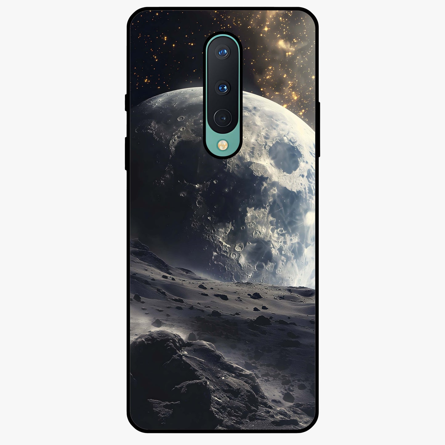 Lunar Horizon Glow Glass Case showing flat back view with glowing moon horizon artwork and glossy glass finish.