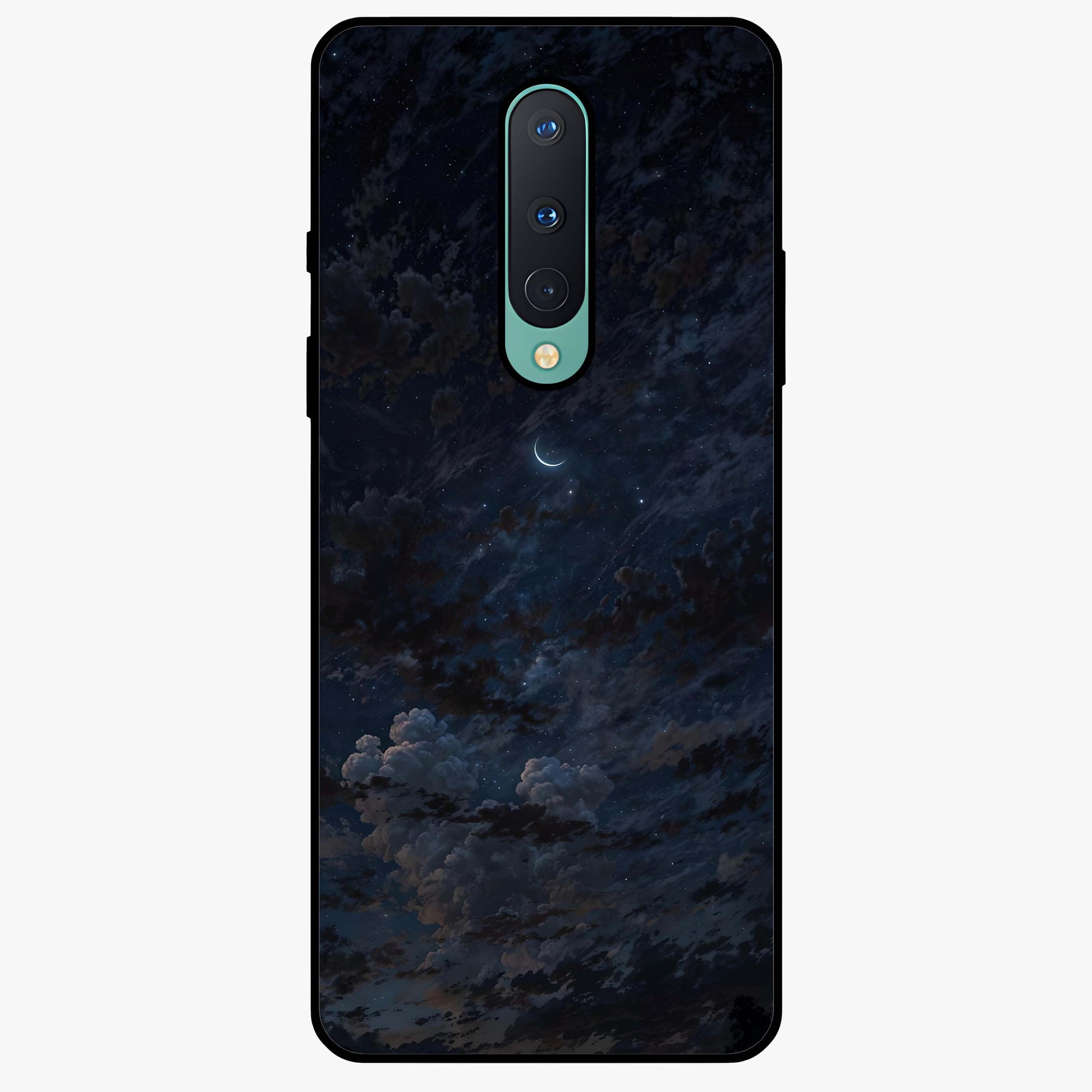 Lunar Veil Silence Glass Case showing flat back view with mystical moon veil artwork and glossy glass finish.