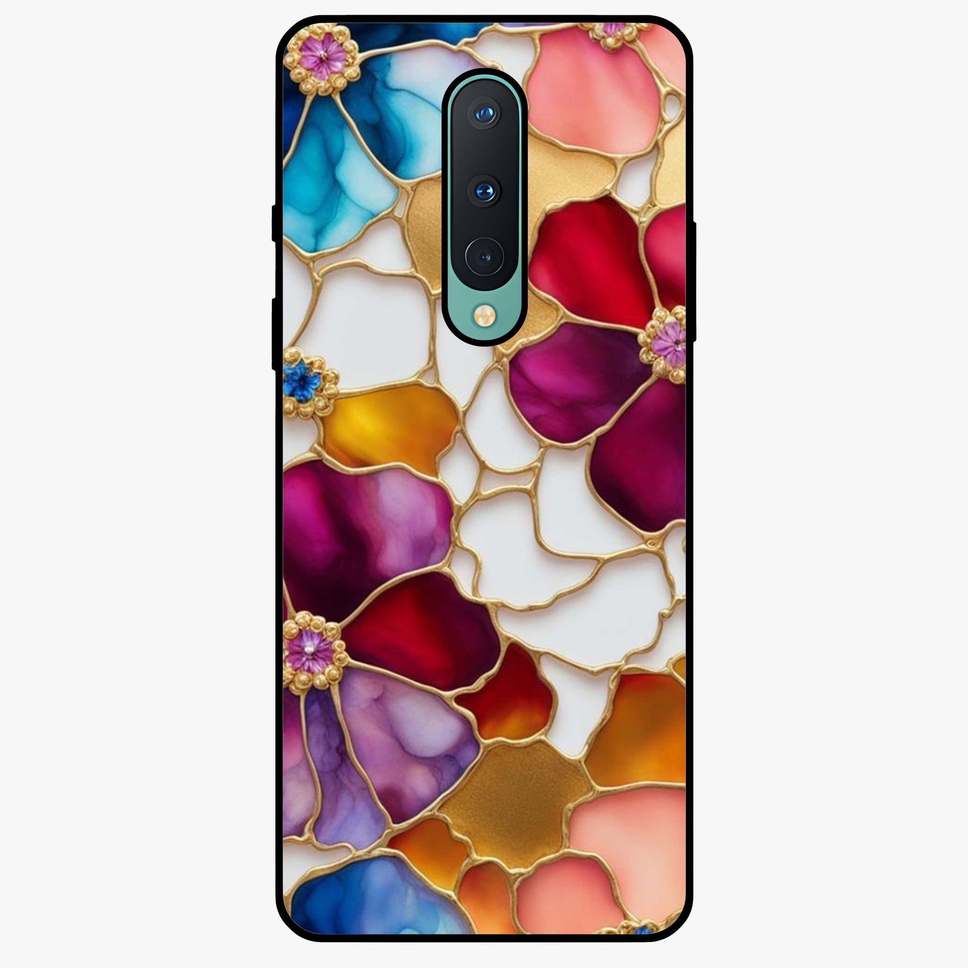 Marble Flower Pattern Glass Case showing flat back view with marble texture floral artwork and glossy glass finish.