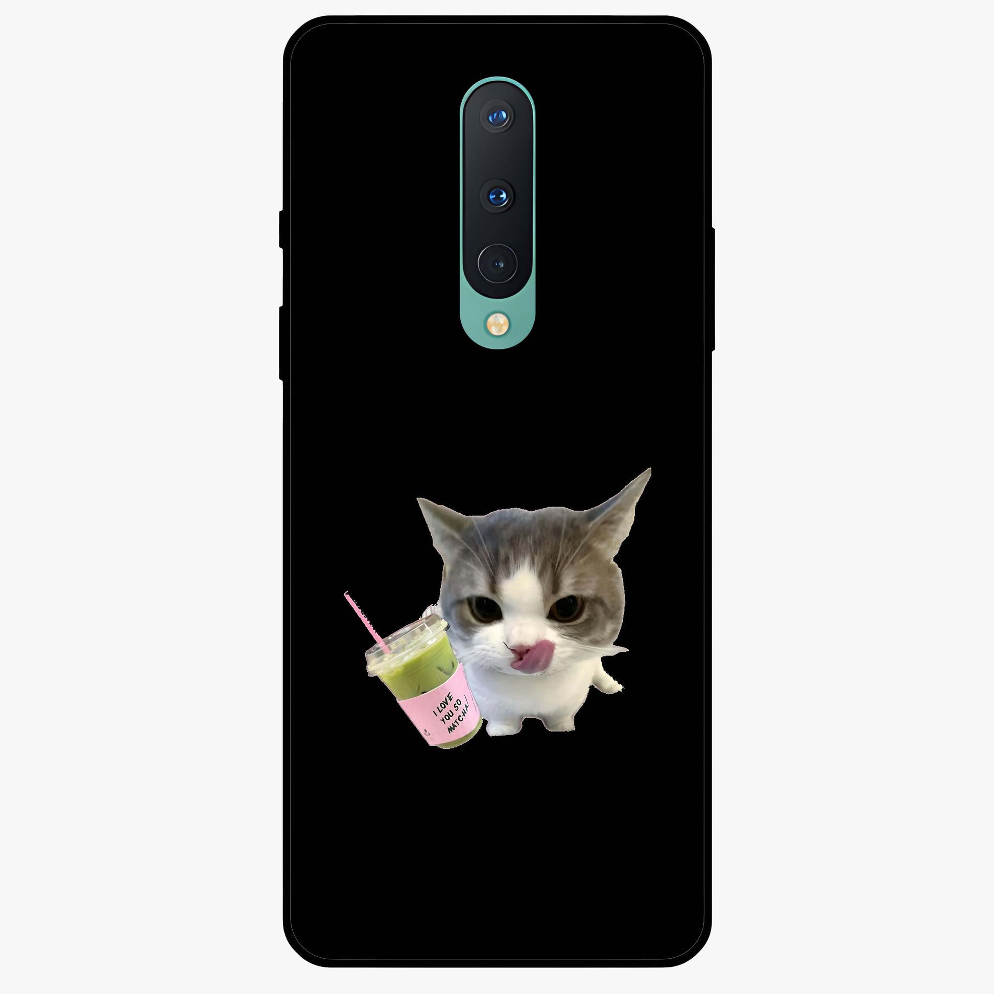 Matcha Cat Style Glass Case showing flat back view with cute matcha themed cat artwork and glossy glass finish.