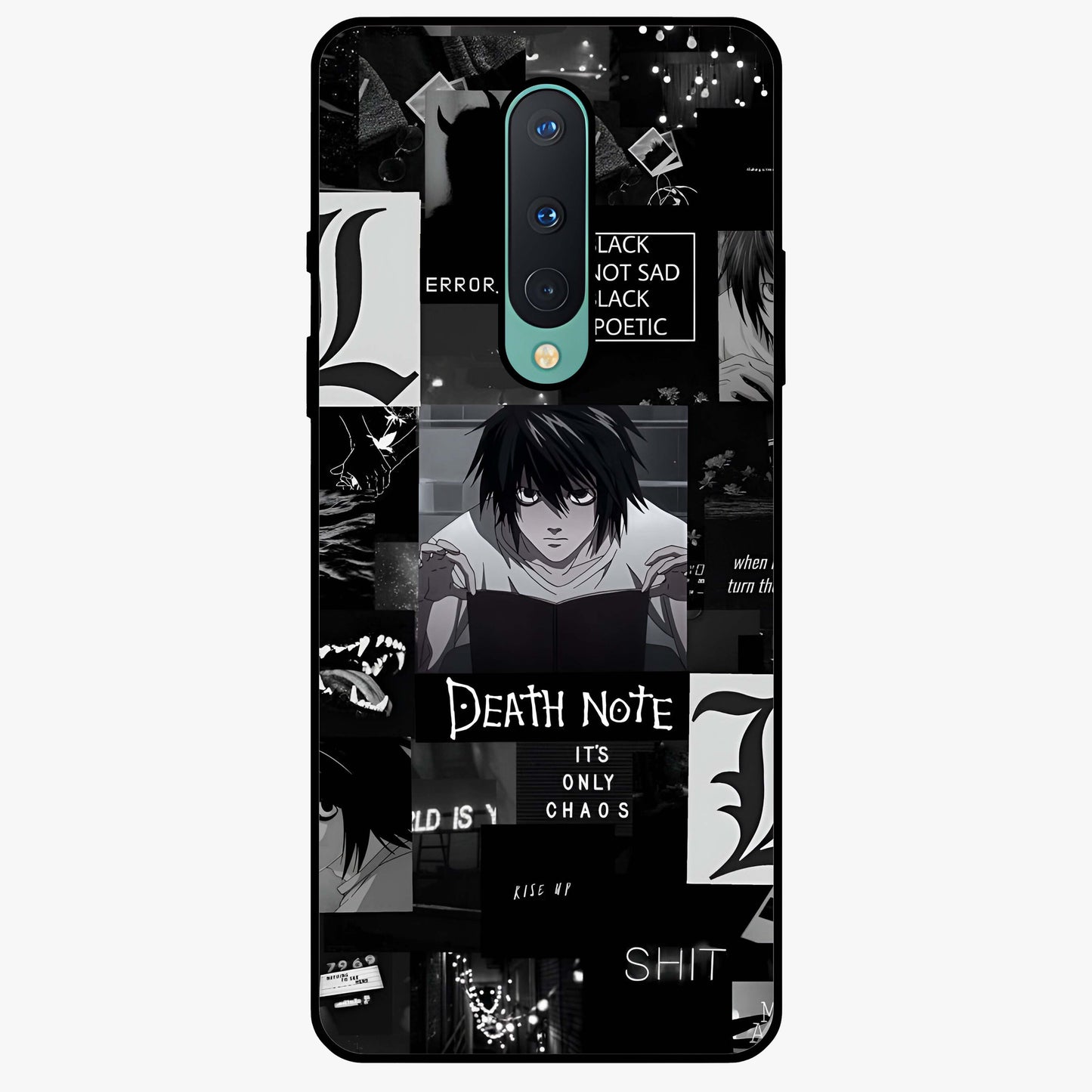 Midnight Chaos Mind Glass Case showing flat back view with abstract dark themed artwork and glossy glass finish.