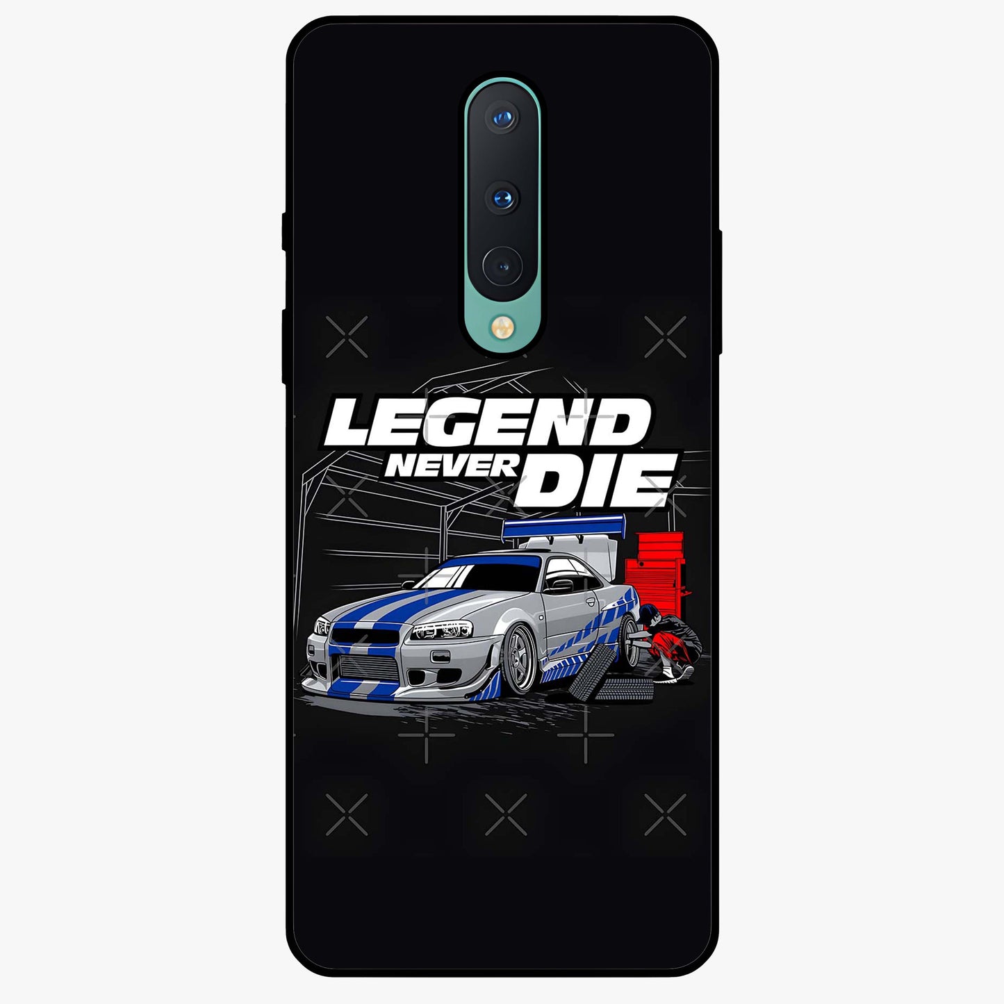 Midnight Racing Legacy Glass Case showing flat back view with sleek racing inspired artwork and glossy glass finish.