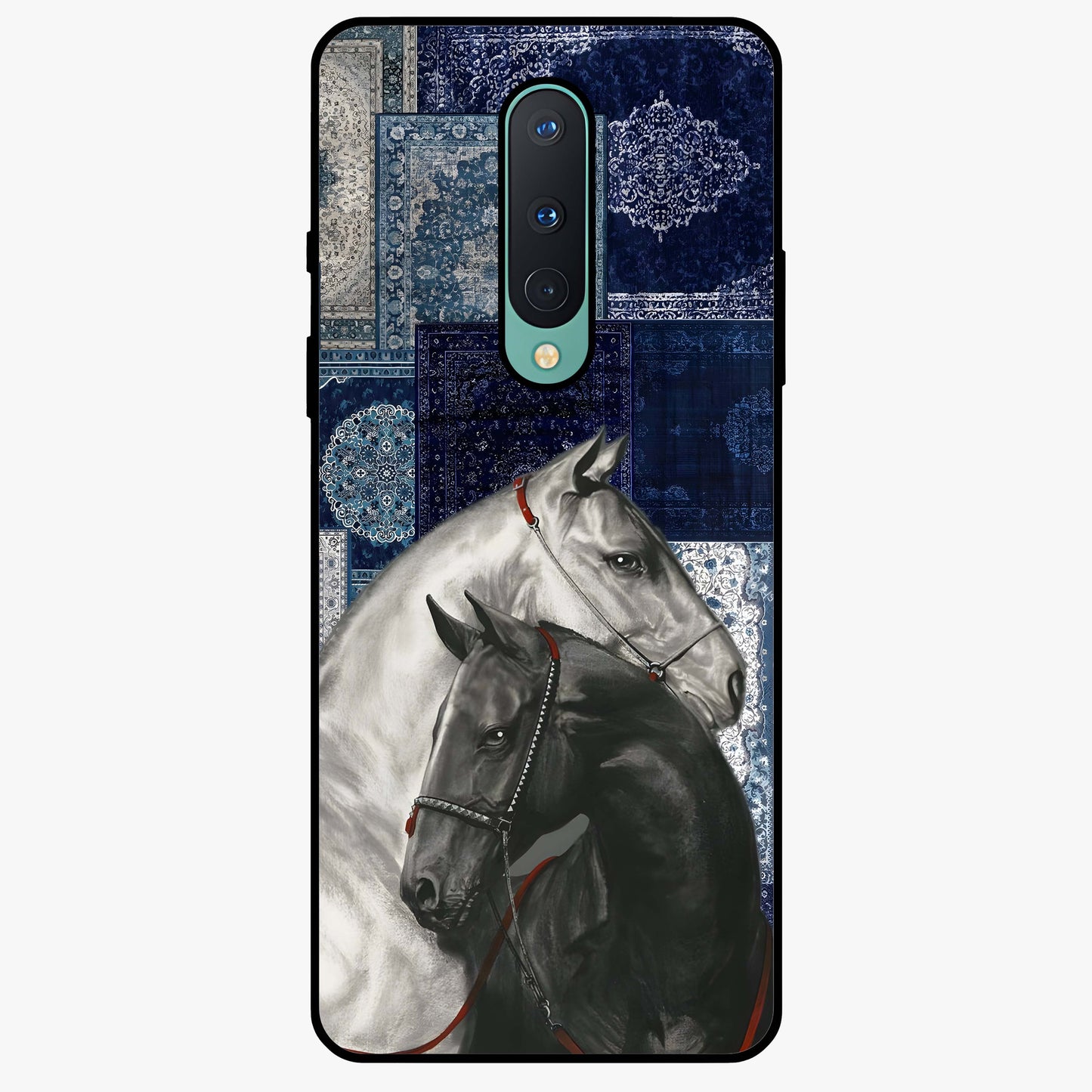Midnight Stallion Blues Glass Case showing flat back view with majestic horse artwork and glossy glass finish.