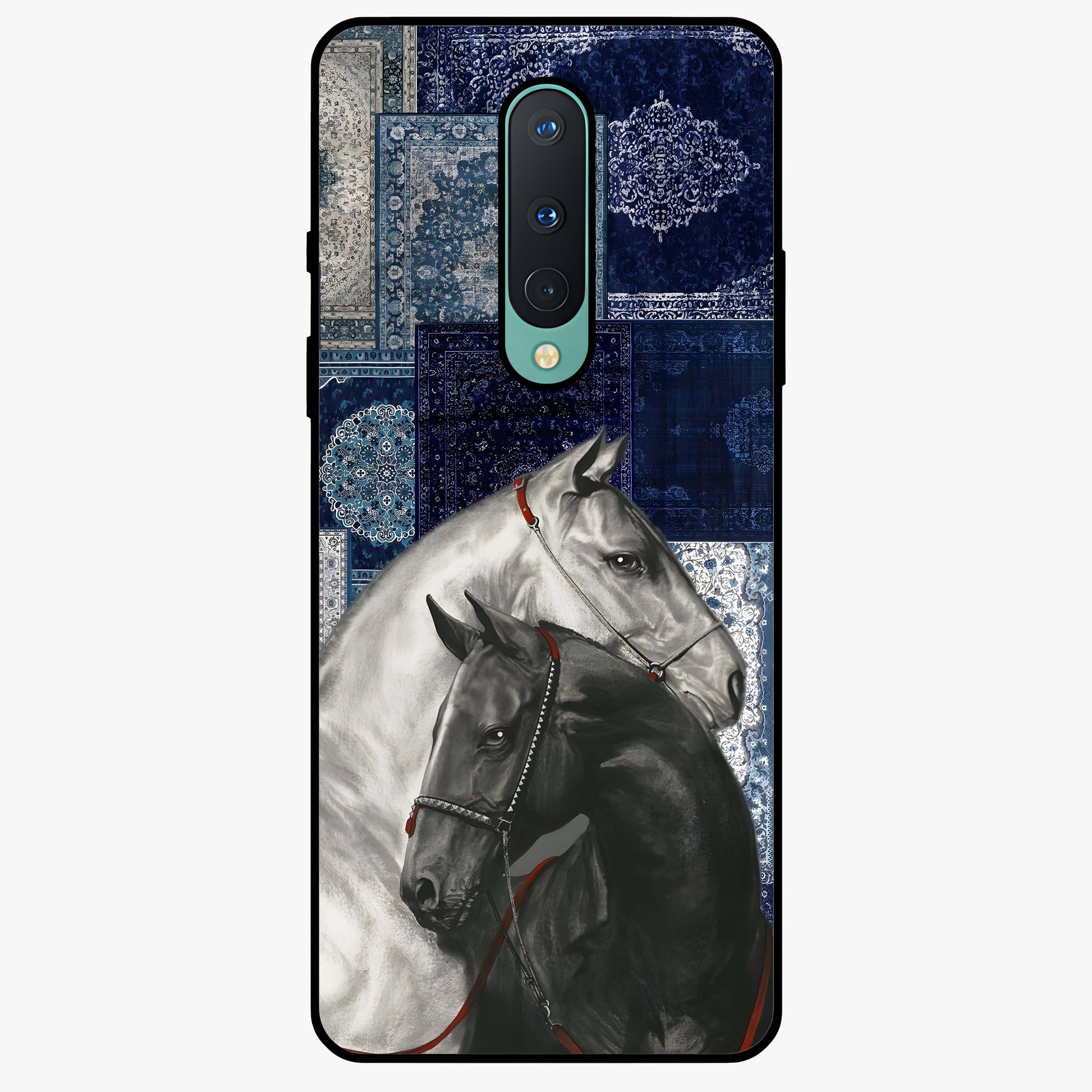 Midnight Stallion Blues Glass Case showing flat back view with majestic horse artwork and glossy glass finish.