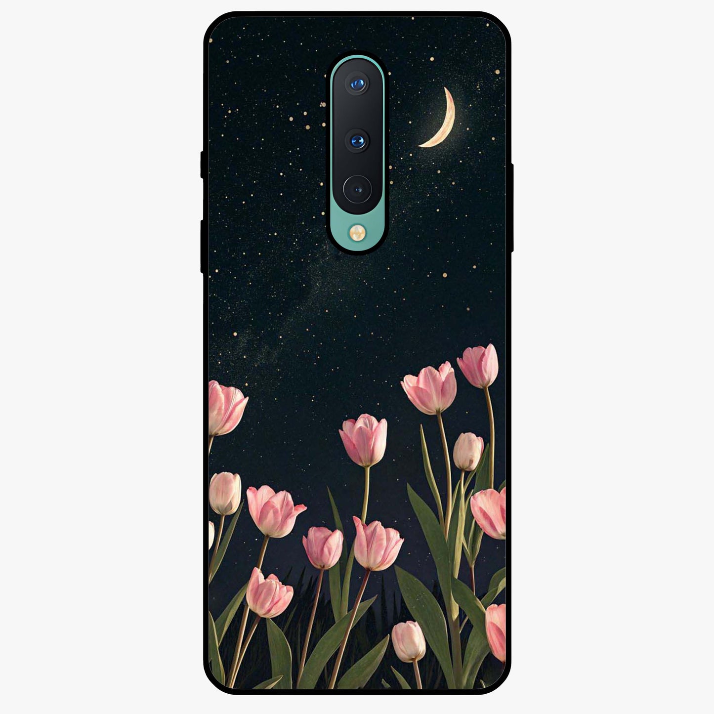 Midnight Tulip Whispers Vibe Glass Case showing flat back view with elegant tulip flower artwork and glossy glass finish.