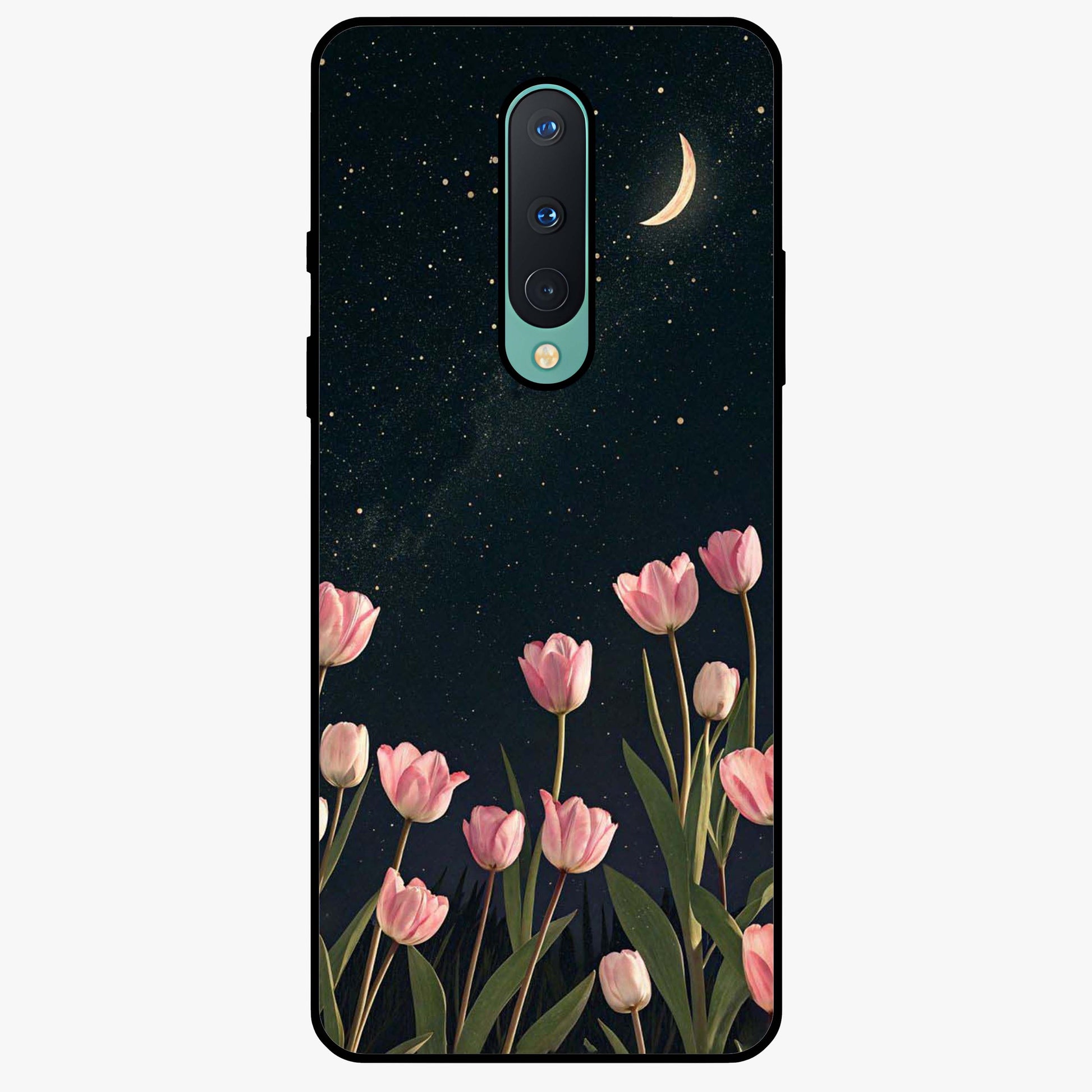 Midnight Tulip Whispers Vibe Glass Case showing flat back view with elegant tulip flower artwork and glossy glass finish.