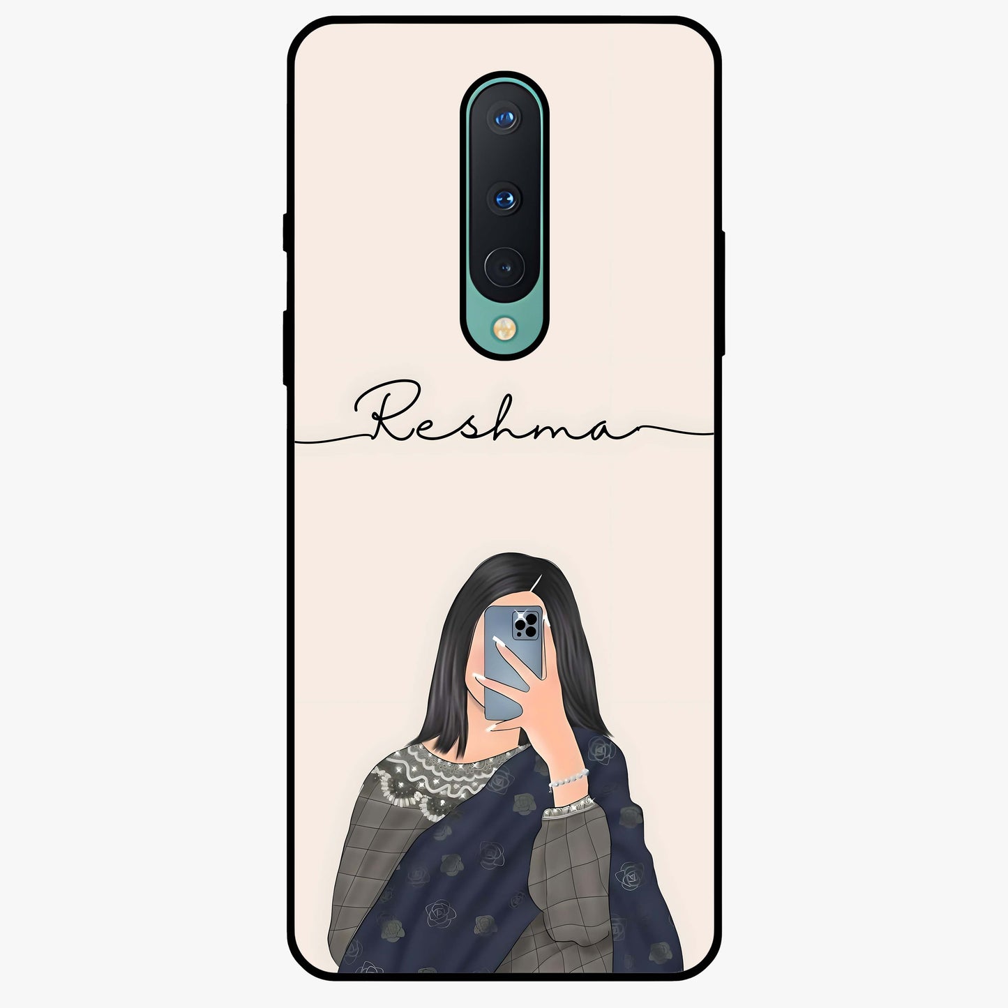 Mirror Mood Muse With Custom Name Glass Case showing flat back view with stylish mirrored artwork and personalized name design.