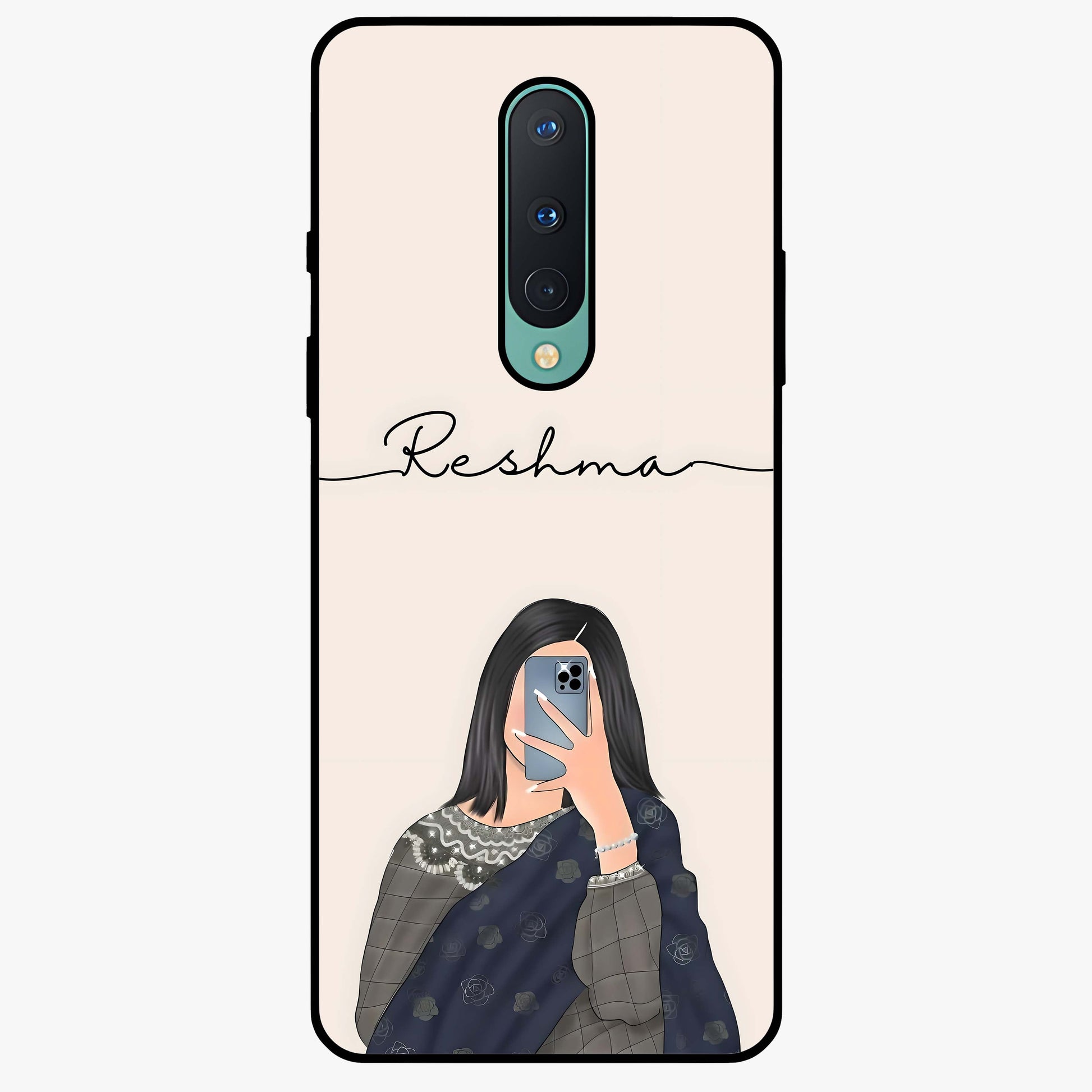 Mirror Mood Muse With Custom Name Glass Case showing flat back view with stylish mirrored artwork and personalized name design.