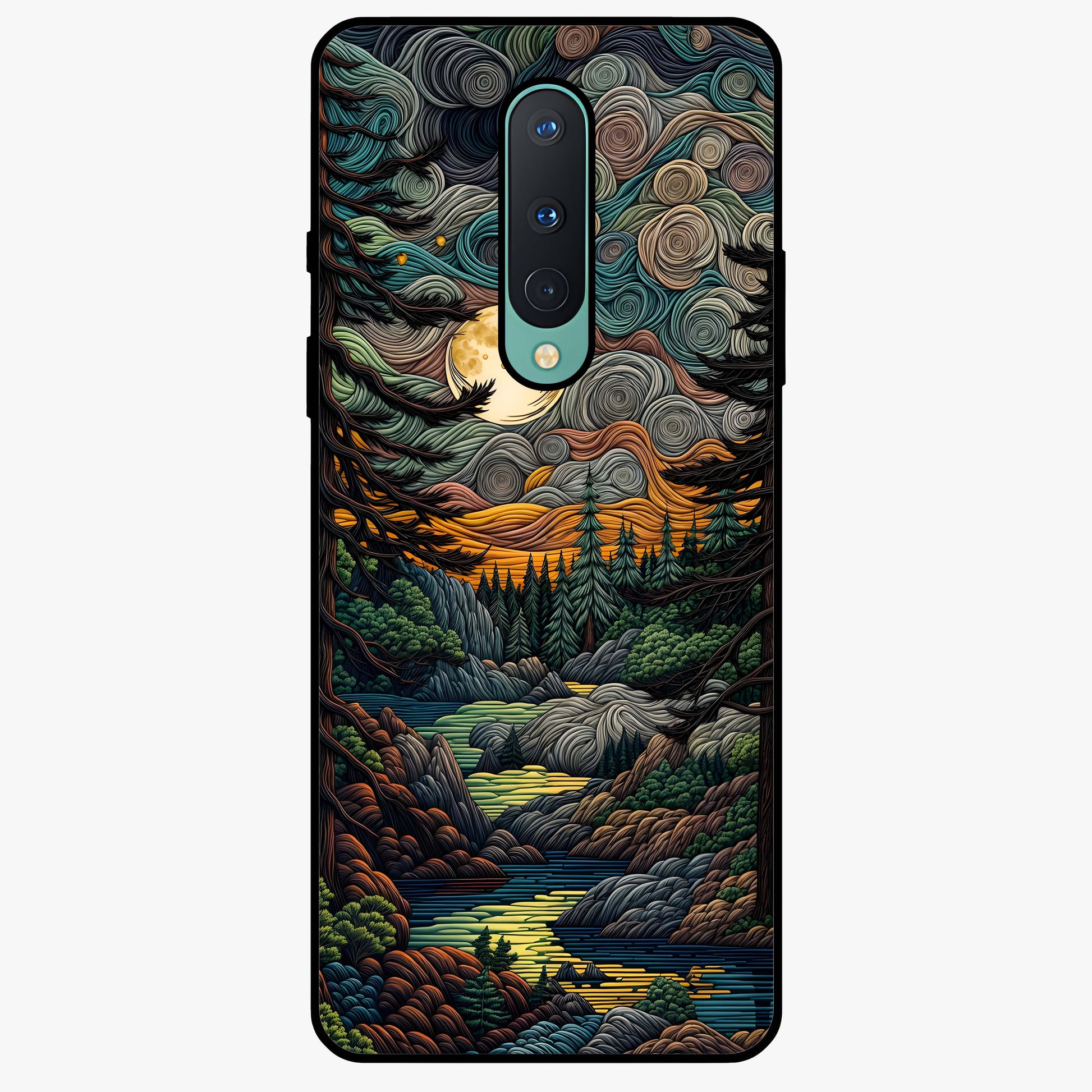 Moonlight Forest Dream Glass Case showing flat back view with mystical forest moonlight artwork and glossy glass finish.