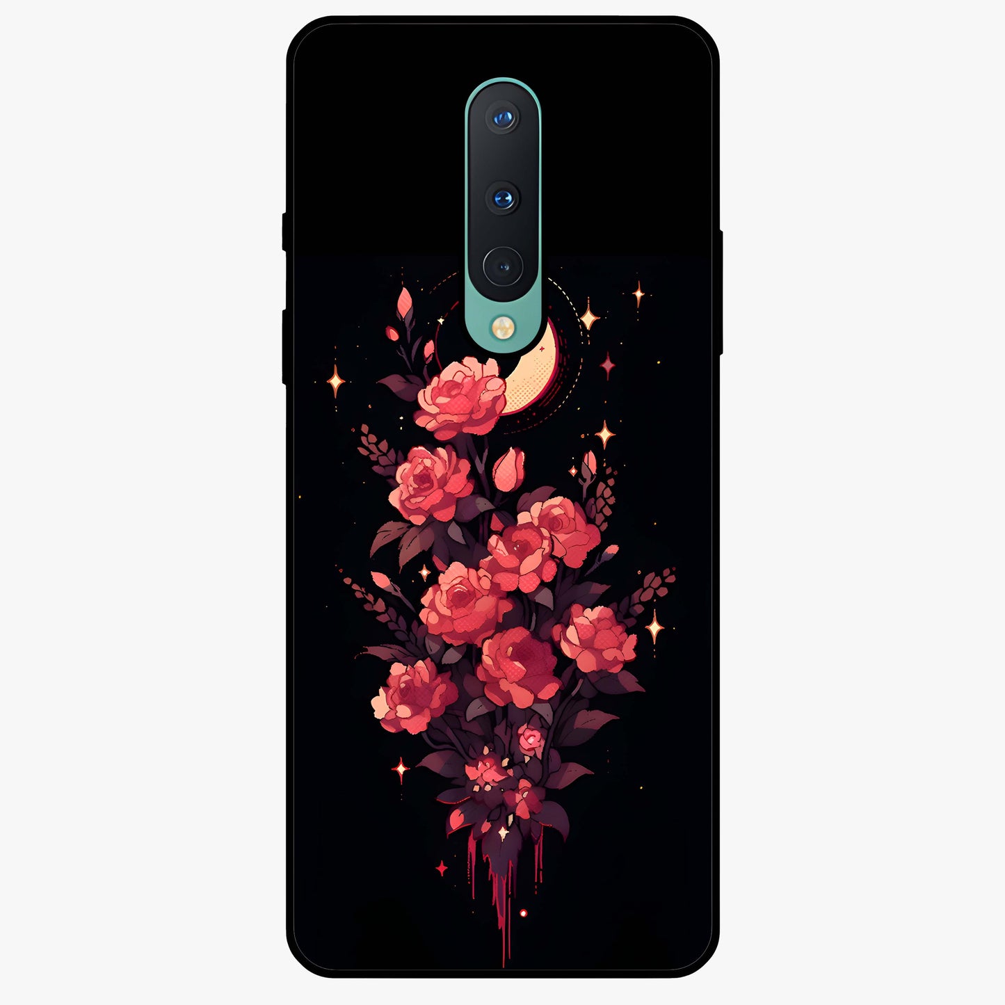 Moonlit Floral Elegance Glass Case showing flat back view with elegant floral artwork under moonlit tones and glossy glass finish.