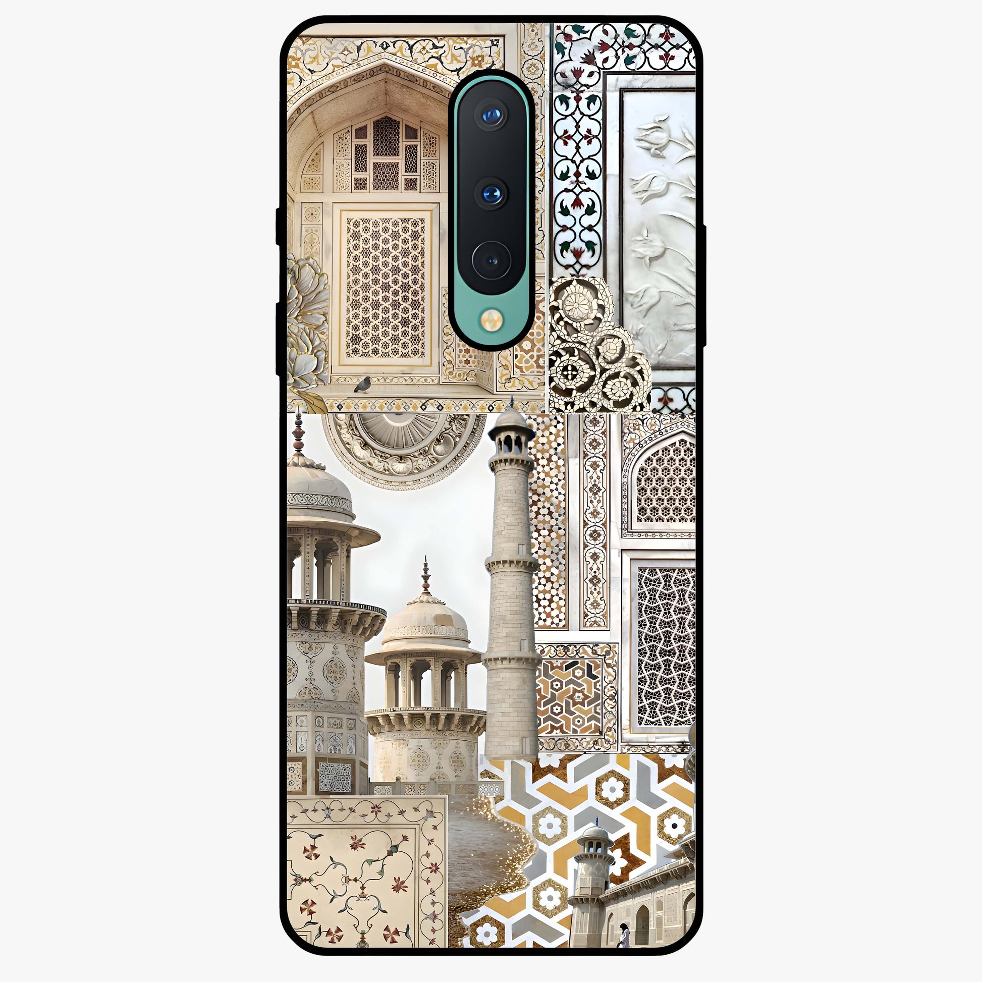 Mughal Marble Legacy Glass Case showing flat back view with intricate Mughal inspired marble pattern and glossy glass finish.