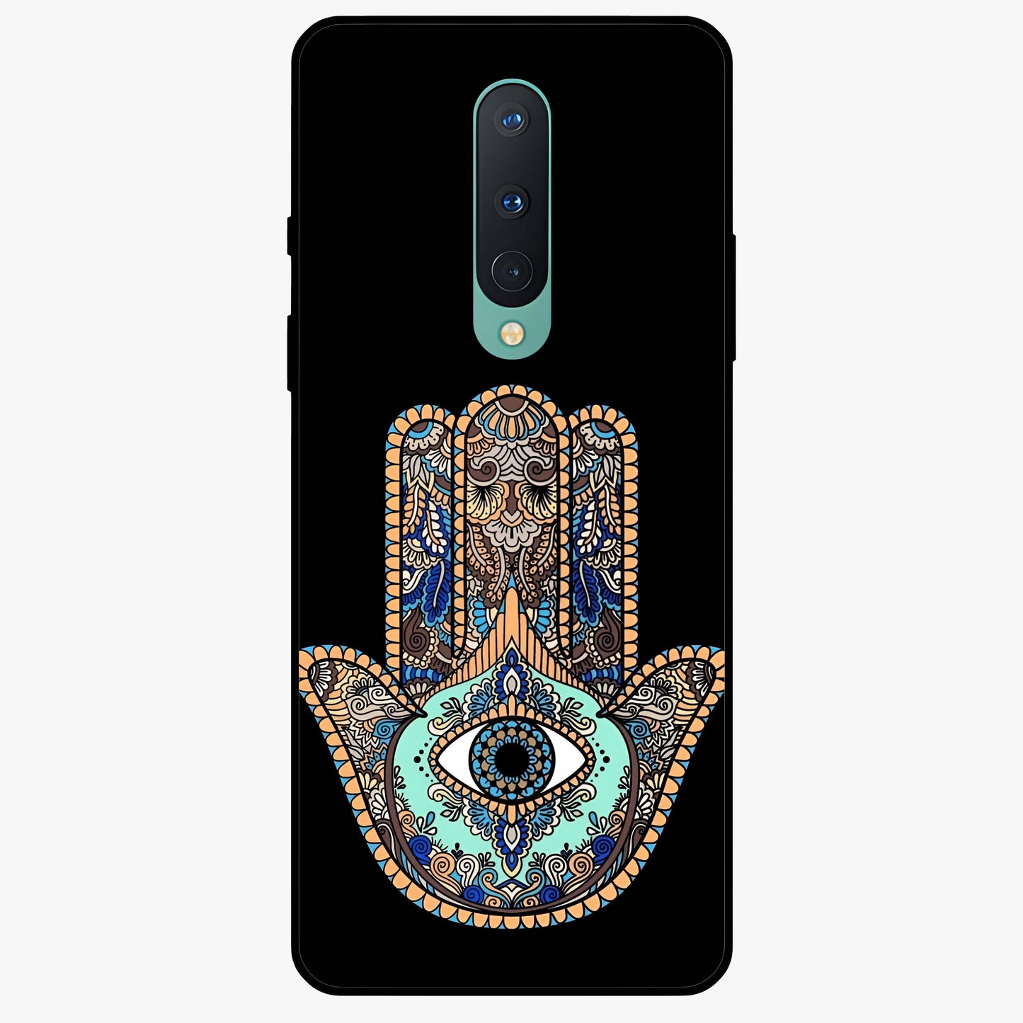 Mystic Hamsa Eye Glass Case showing flat back view with protective hamsa hand and evil eye artwork and glossy glass finish.