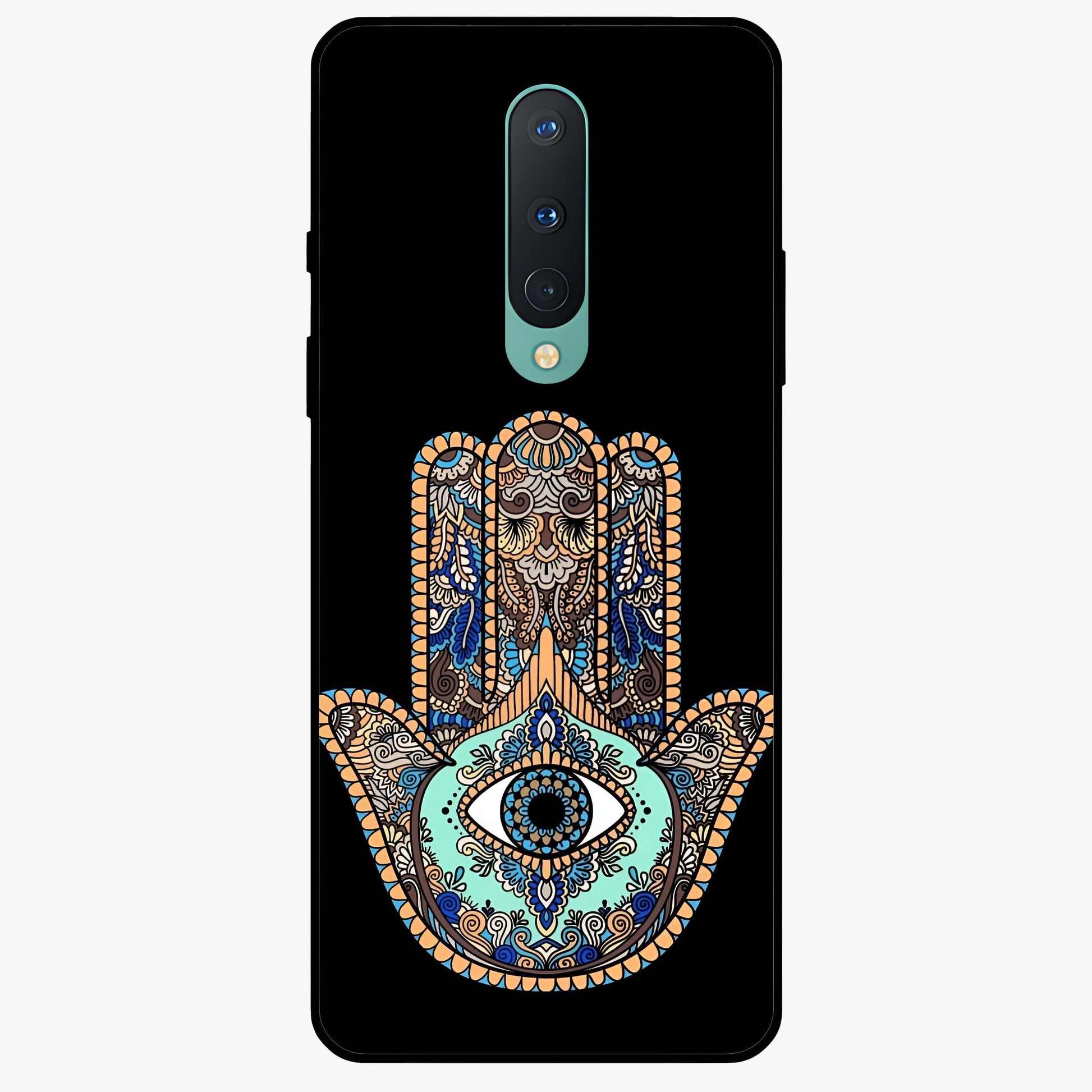 Mystic Hamsa Eye Glass Case showing flat back view with protective hamsa hand and evil eye artwork and glossy glass finish.