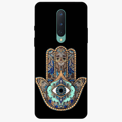 Mystic Hamsa Eye Glass Case showing flat back view with protective hamsa hand and evil eye artwork and glossy glass finish.