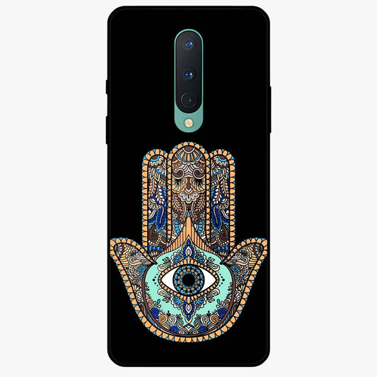 Mystic Hamsa Eye Glass Case showing flat back view with protective hamsa hand and evil eye artwork and glossy glass finish.