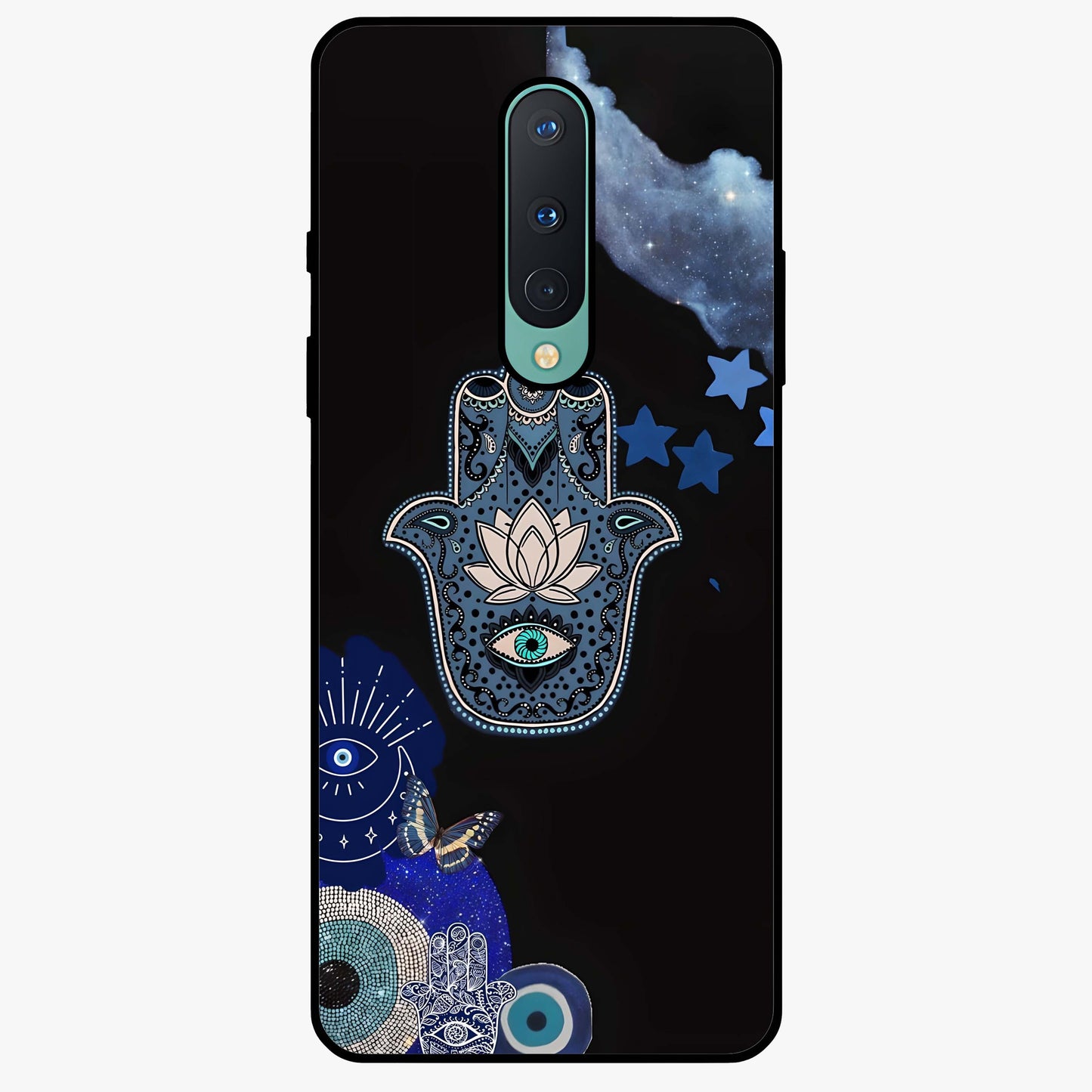 Mystic Hand Aura Glass Case showing flat back view with mystical hand symbol artwork and glossy glass finish.