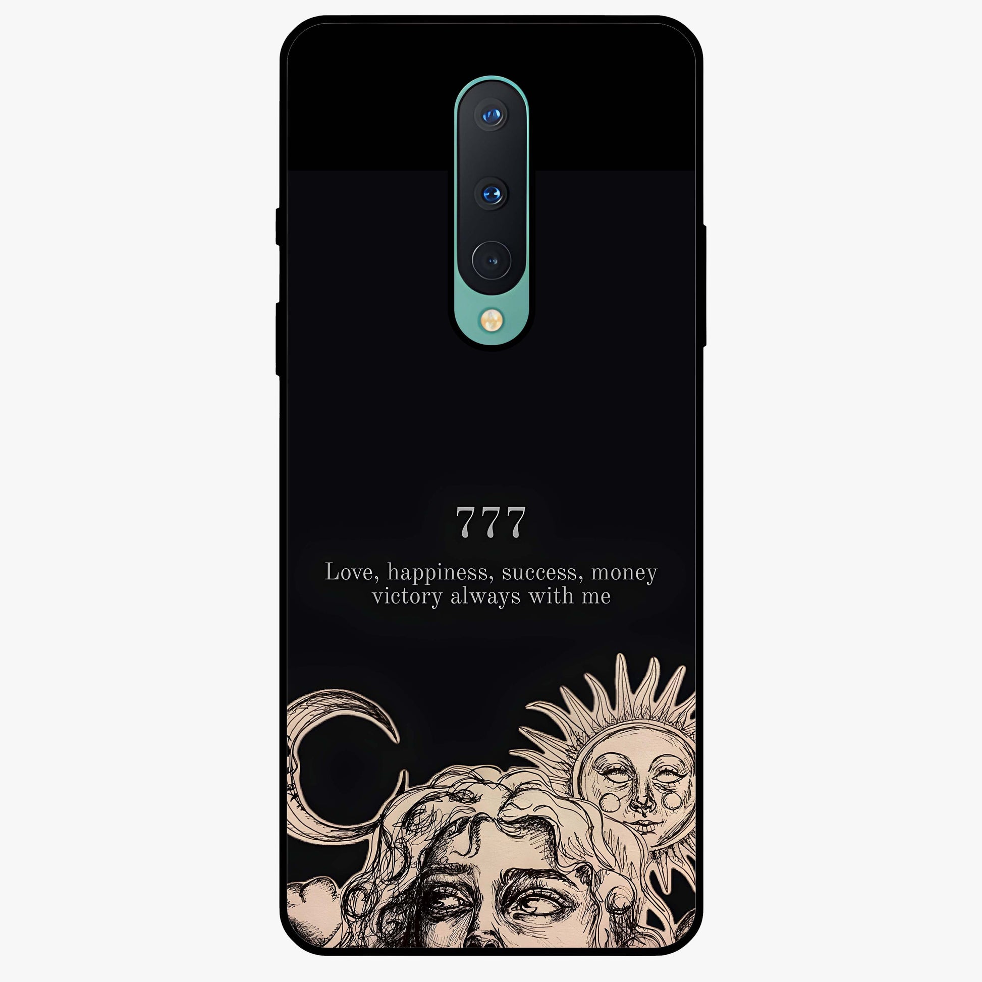 Mystic Victory Aura Glass Case showing flat back view with victory symbol artwork and glossy glass finish.
