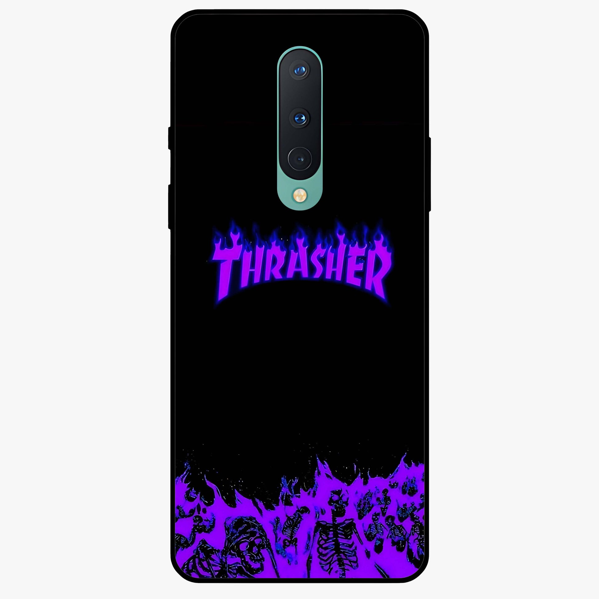 Neon Flame Riot Glass Case showing flat back view with neon flame artwork and glossy glass finish.