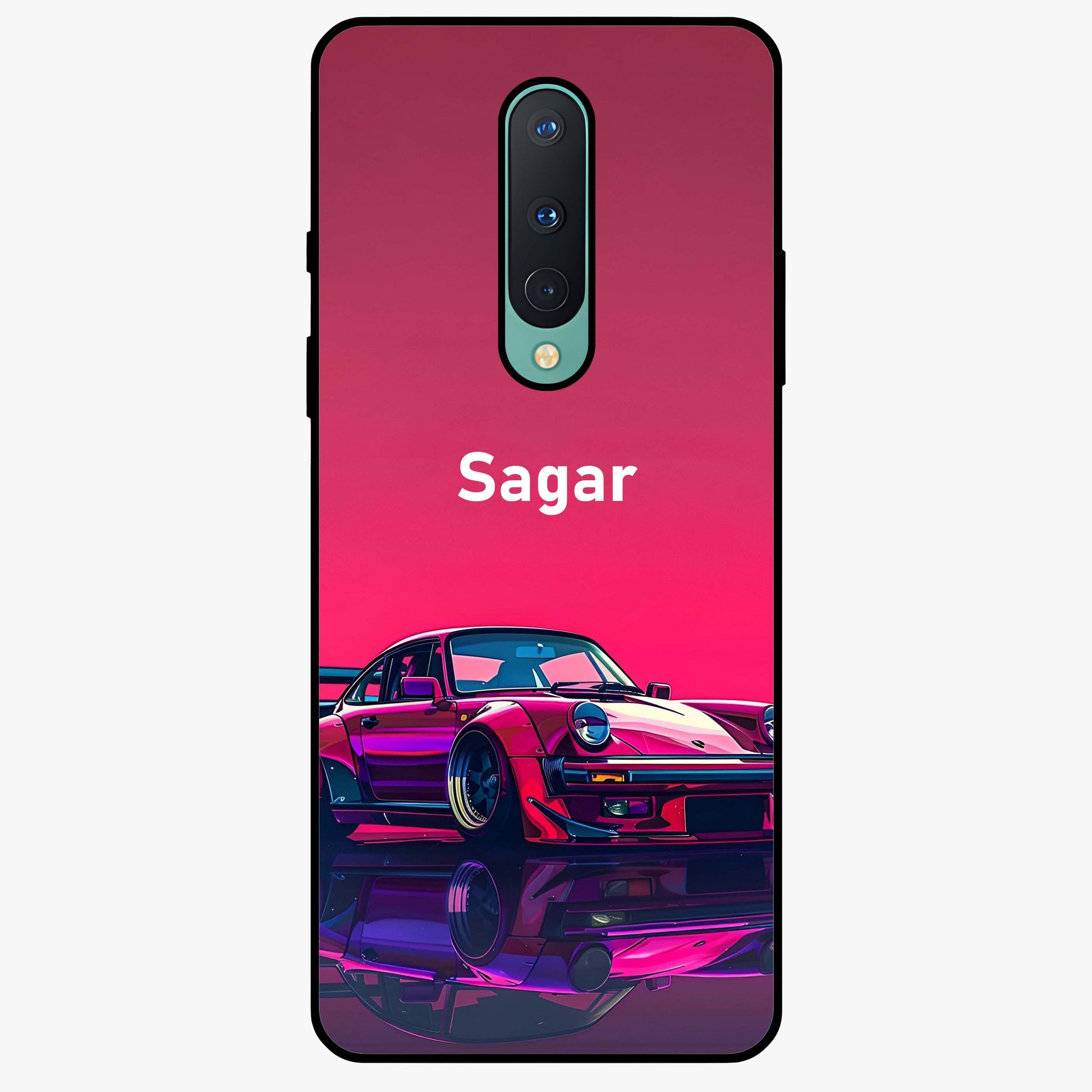 Neon Pink Porsche Glass Case showing flat back view with stylish sports car artwork and glossy glass finish.