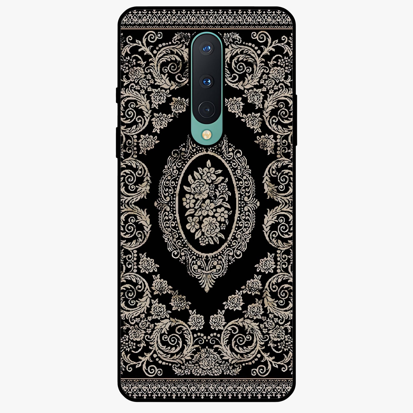 Noir Bloom Elegance Glass Case showing flat back view with elegant dark floral artwork and glossy glass finish.