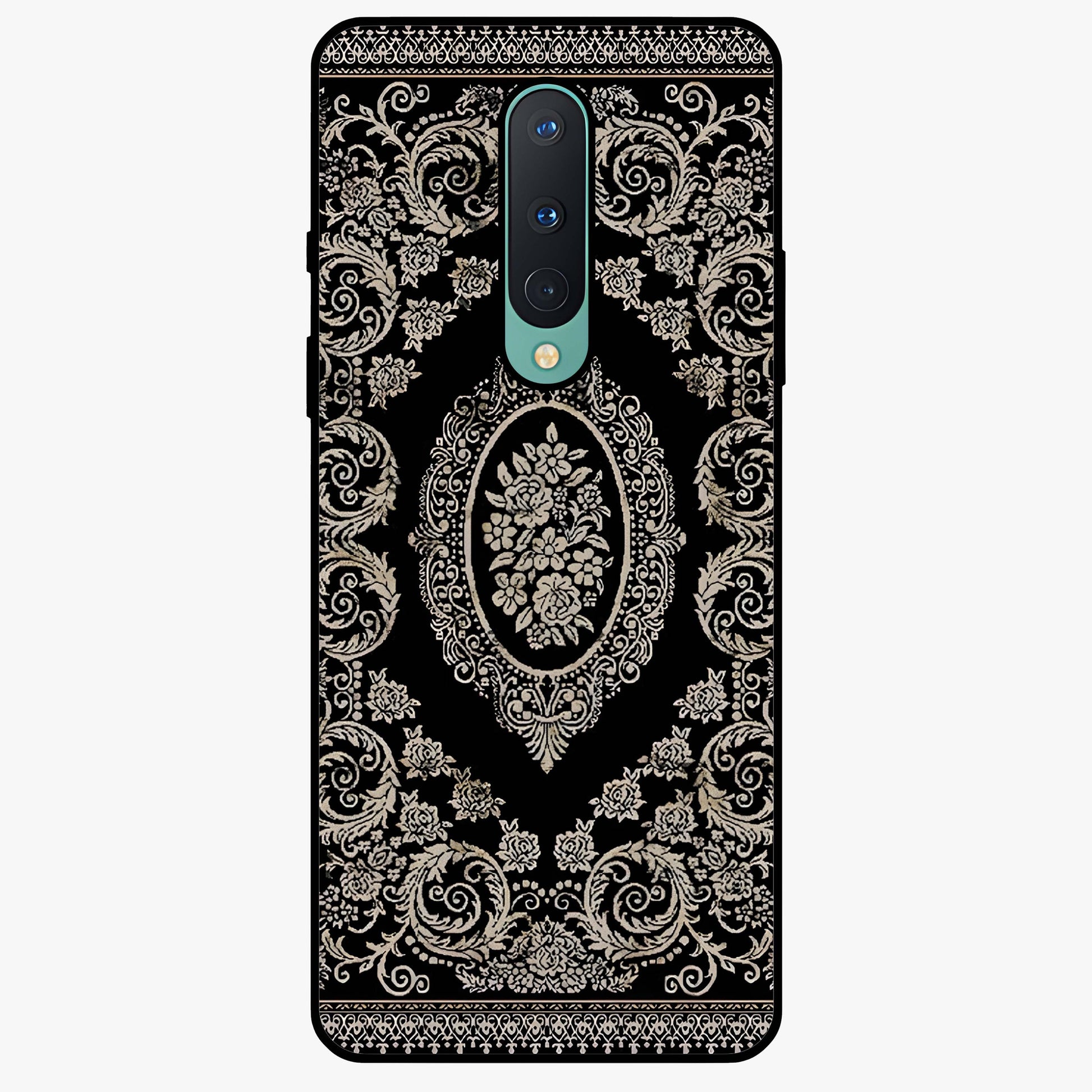 Noir Bloom Elegance Glass Case showing flat back view with elegant dark floral artwork and glossy glass finish.