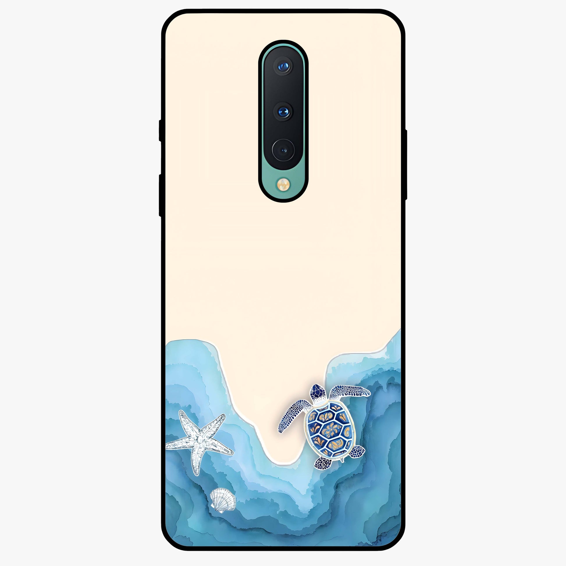 Ocean Drift Turtle Glass Case showing flat back view with sea turtle artwork and glossy glass finish.