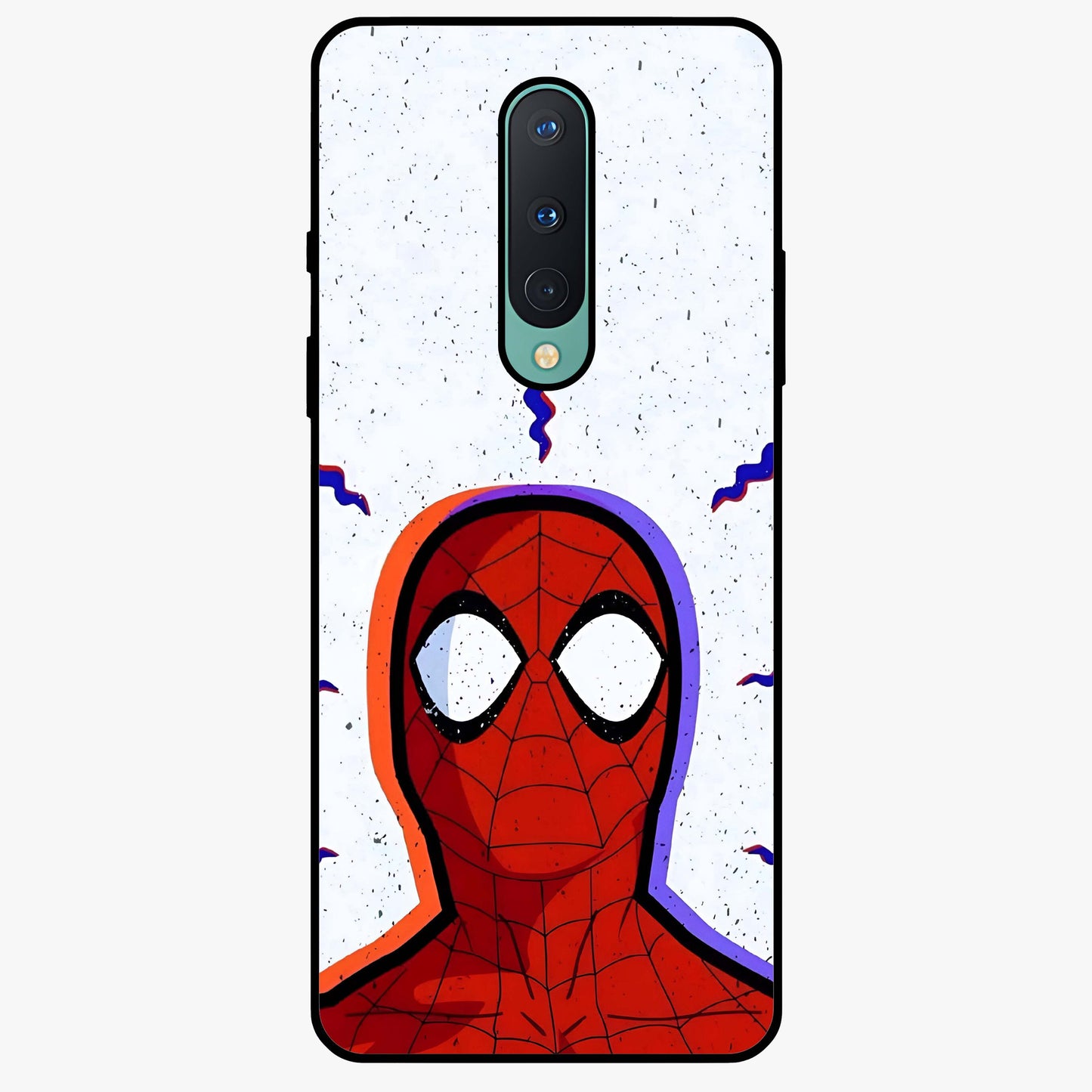 Omg Spiderman Glass Case showing flat back view with bold superhero inspired artwork and glossy glass finish.