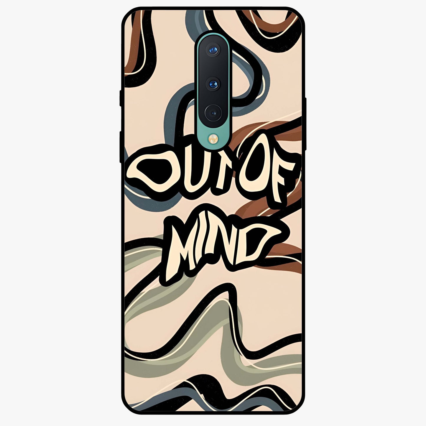 Out Of Mind Glass Case showing flat back view with expressive typography artwork and glossy glass finish.