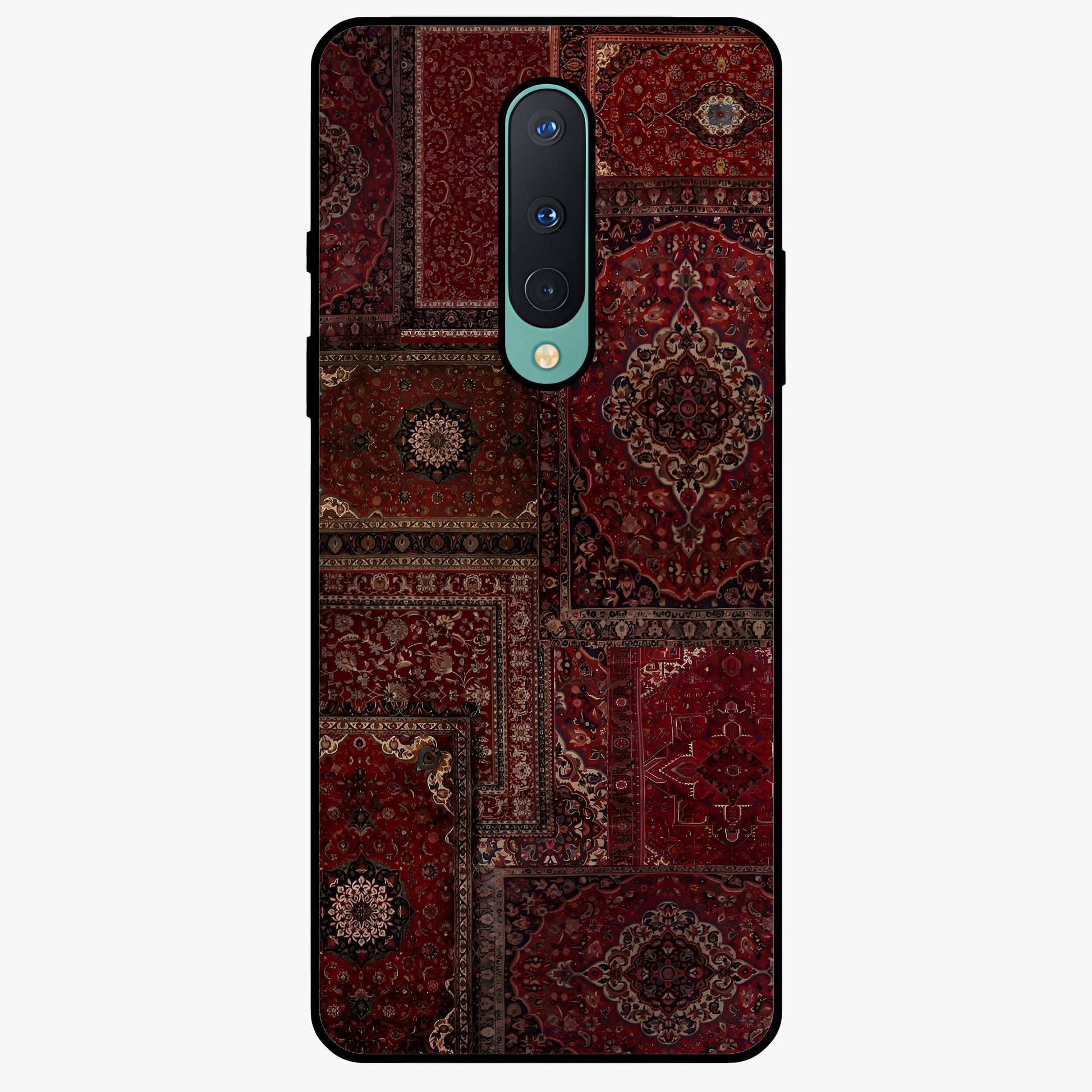 Persian Velvet Tale Glass Case showing flat back view with luxurious Persian velvet pattern artwork and glossy glass finish.