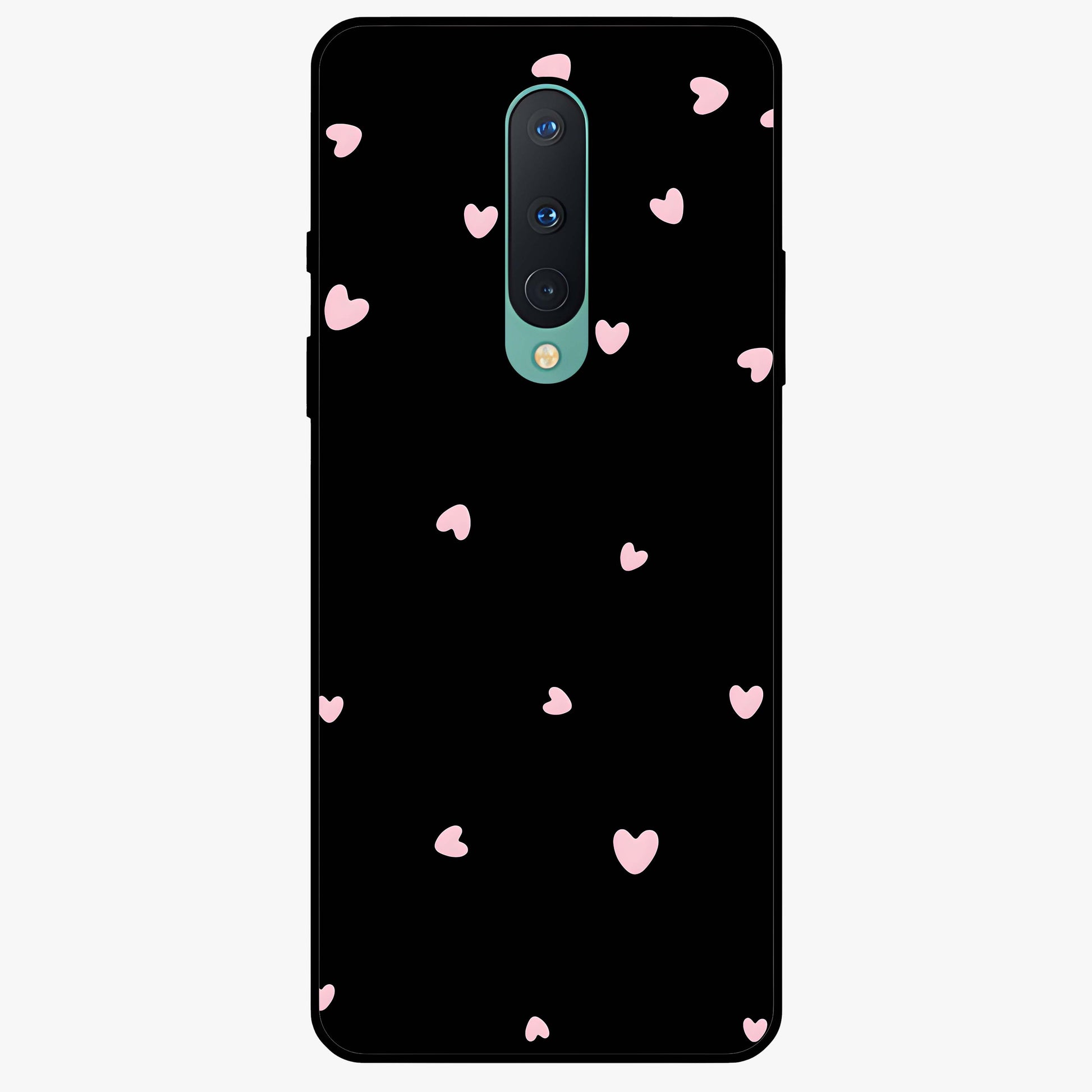 Pink Love Drops Glass Case showing flat back view with playful pink heart drops artwork and glossy glass finish.