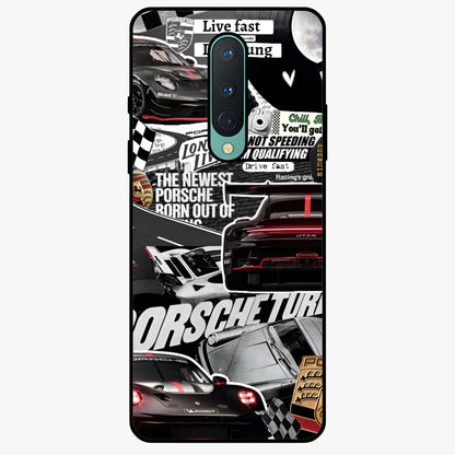 Porsche Racing Collage Glass Case showing flat back view with sports car racing collage artwork and glossy glass finish.