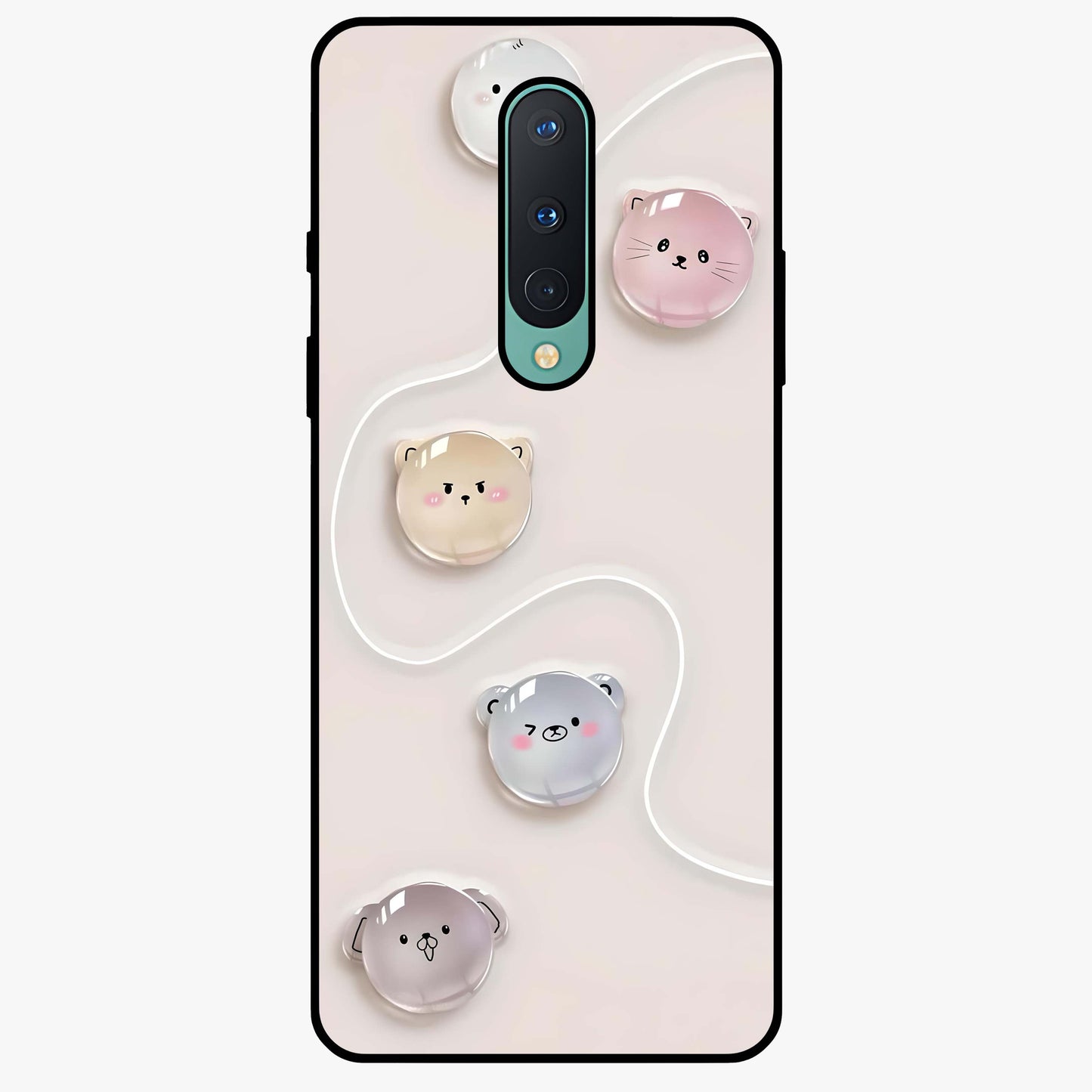 Puffy Face Parade Glass Case showing flat back view with cute puffy character faces artwork and glossy glass finish.