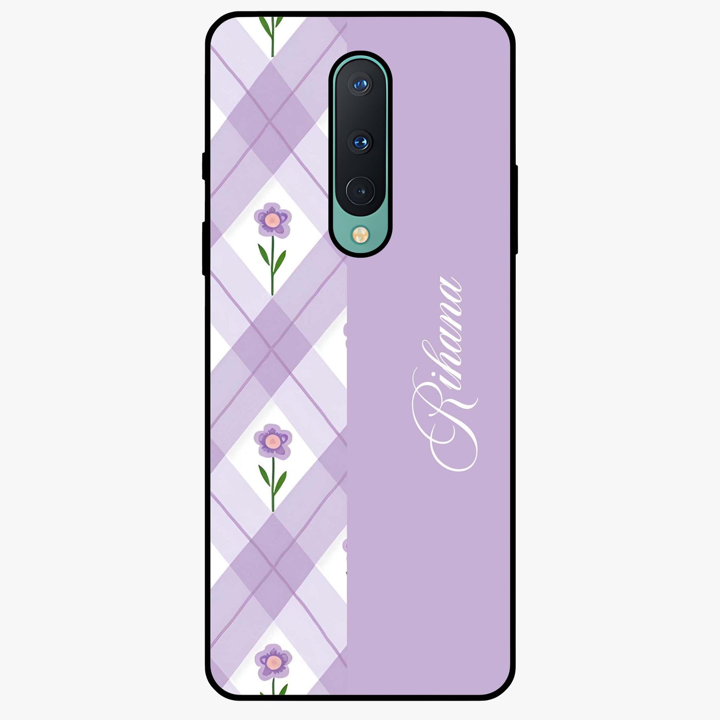 Purple Diamond Floral Glass Case showing flat back view with diamond shaped floral artwork and glossy glass finish.