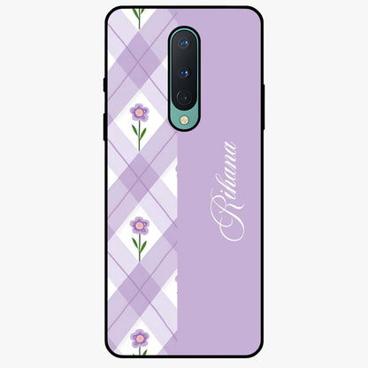 Purple Diamond Floral Glass Case showing flat back view with diamond shaped floral artwork and glossy glass finish.