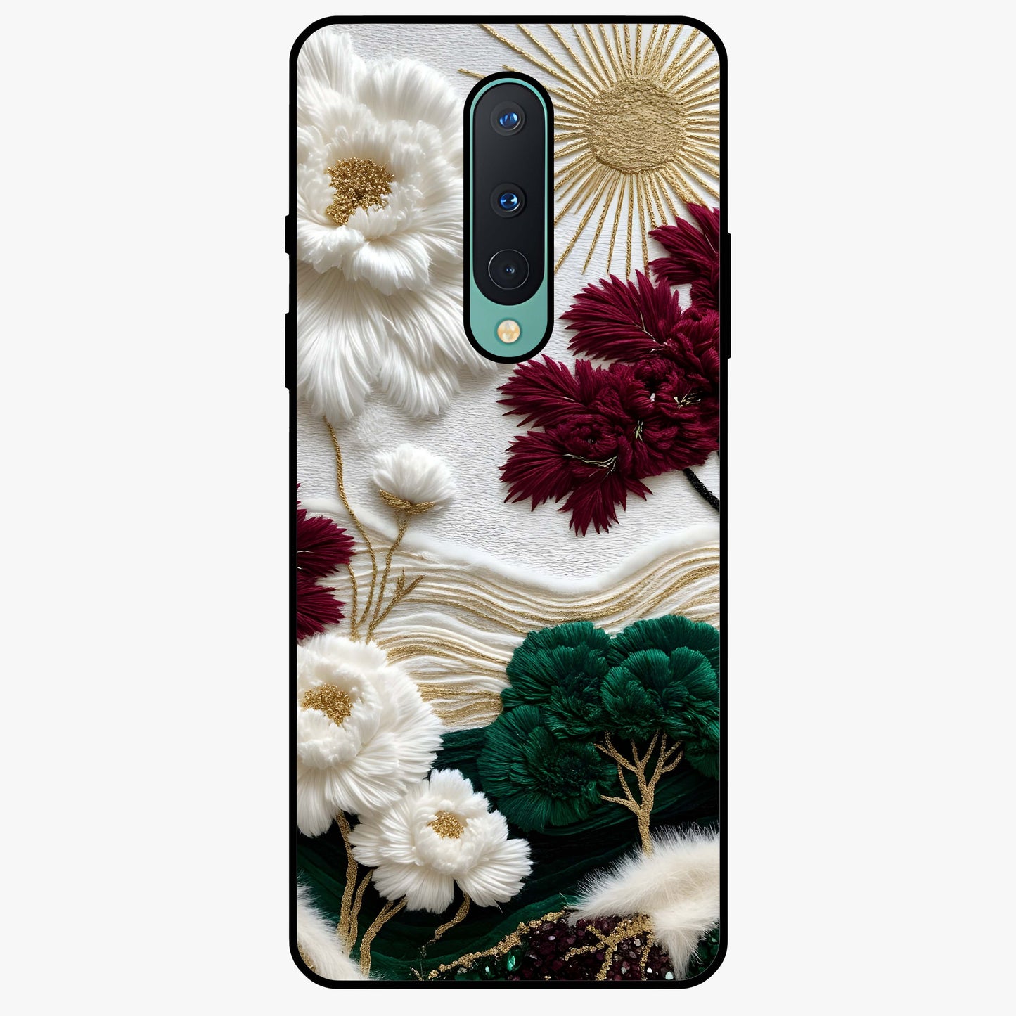Radiant Bloom Elegance Glass Case showing flat back view with elegant blooming flower artwork and glossy glass finish.