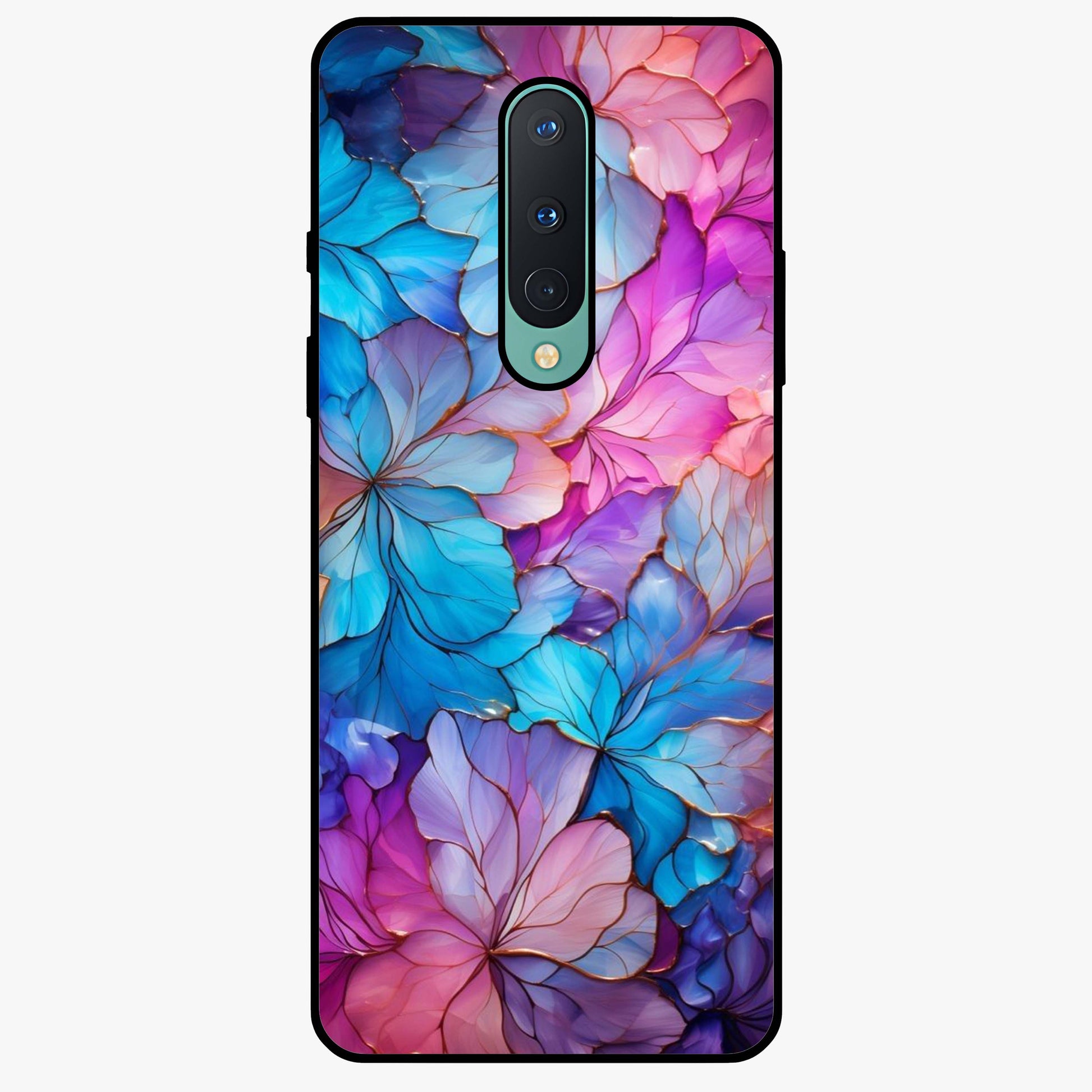 Radiant Floral Whirl Glass Case showing flat back view with swirling floral artwork and glossy glass finish.