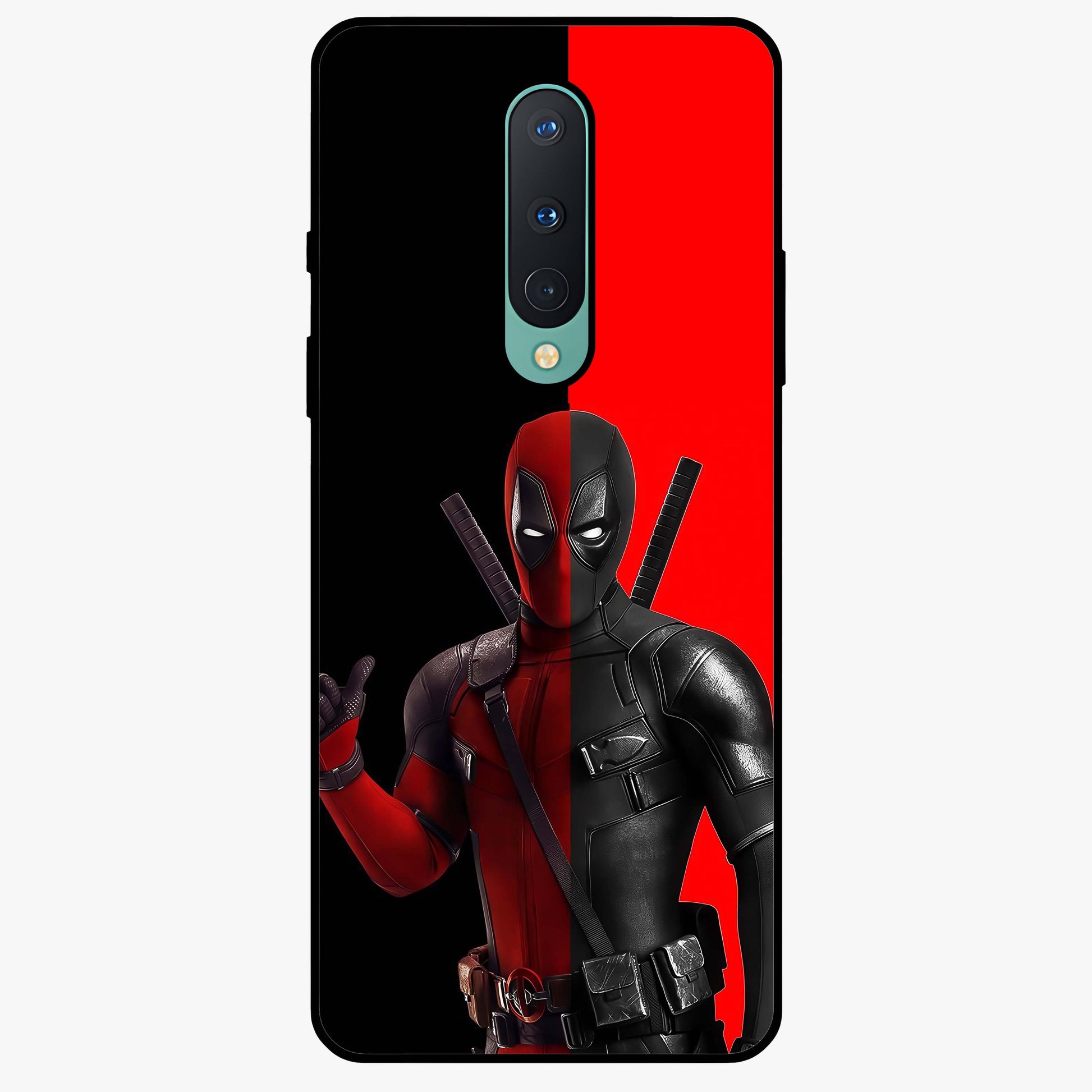 Red & Black Deadpool Theme Glass Case showing flat back view with bold comic inspired artwork and glossy glass finish.