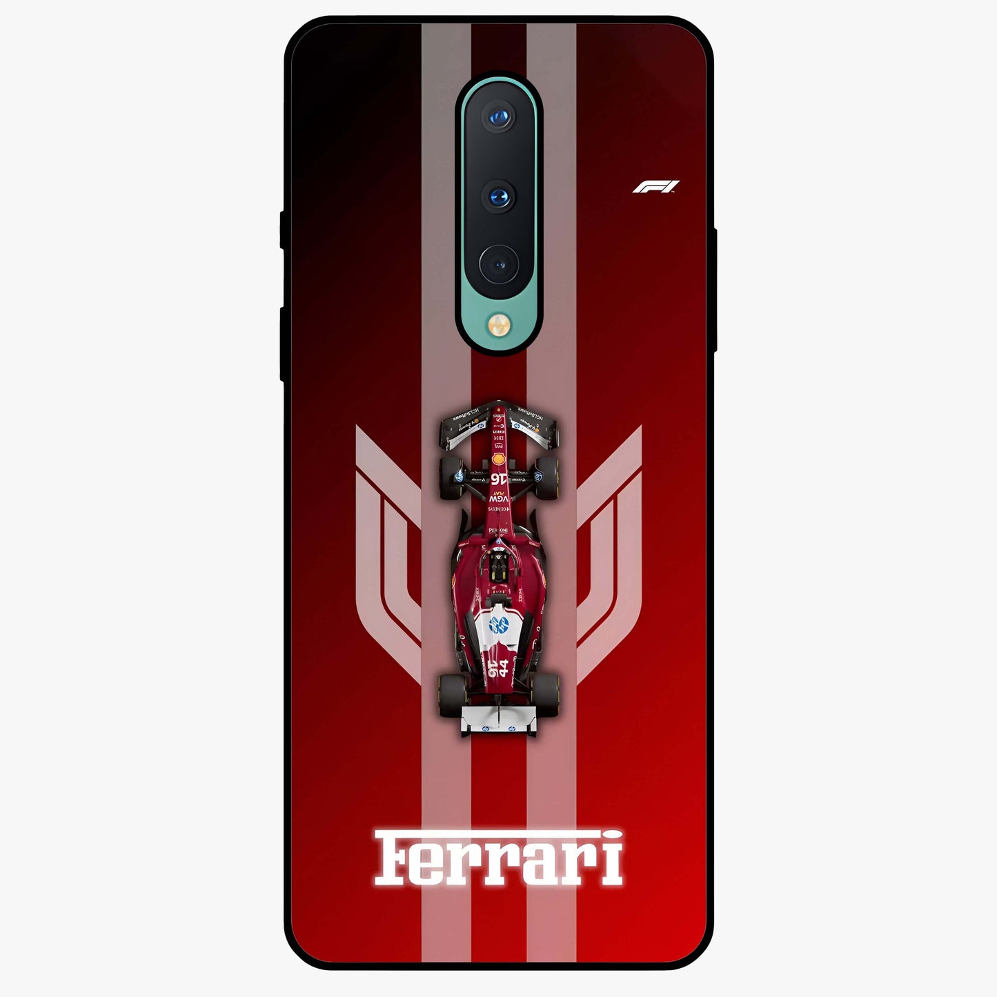 Red Ferrari F1 Vertical Glass Case showing flat back view with sleek Formula racing car artwork and glossy glass finish.