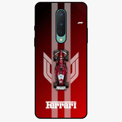 Red Ferrari F1 Vertical Glass Case showing flat back view with sleek Formula racing car artwork and glossy glass finish.